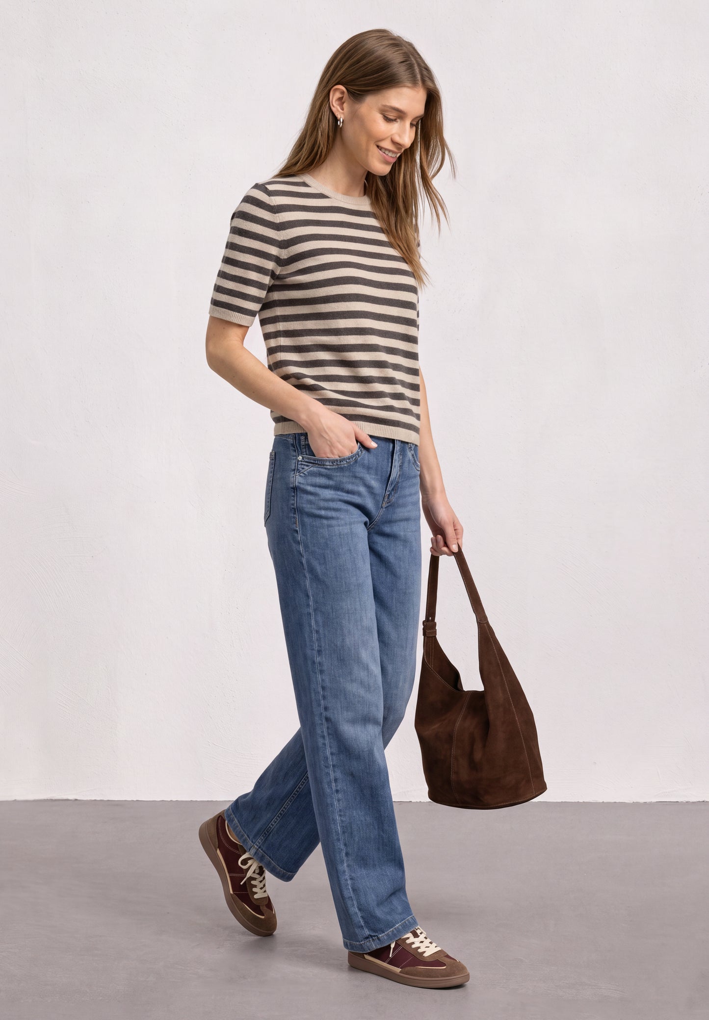 Street One - Kurzarm Pullover mit Rundhals und Streifen - Farbe: clay sand mel.