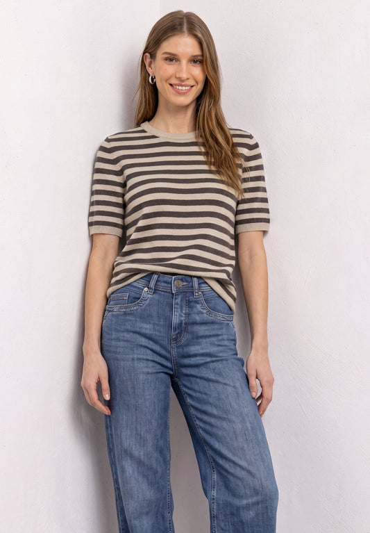 Street One - Kurzarm Pullover mit Rundhals und Streifen - Farbe: clay sand mel.