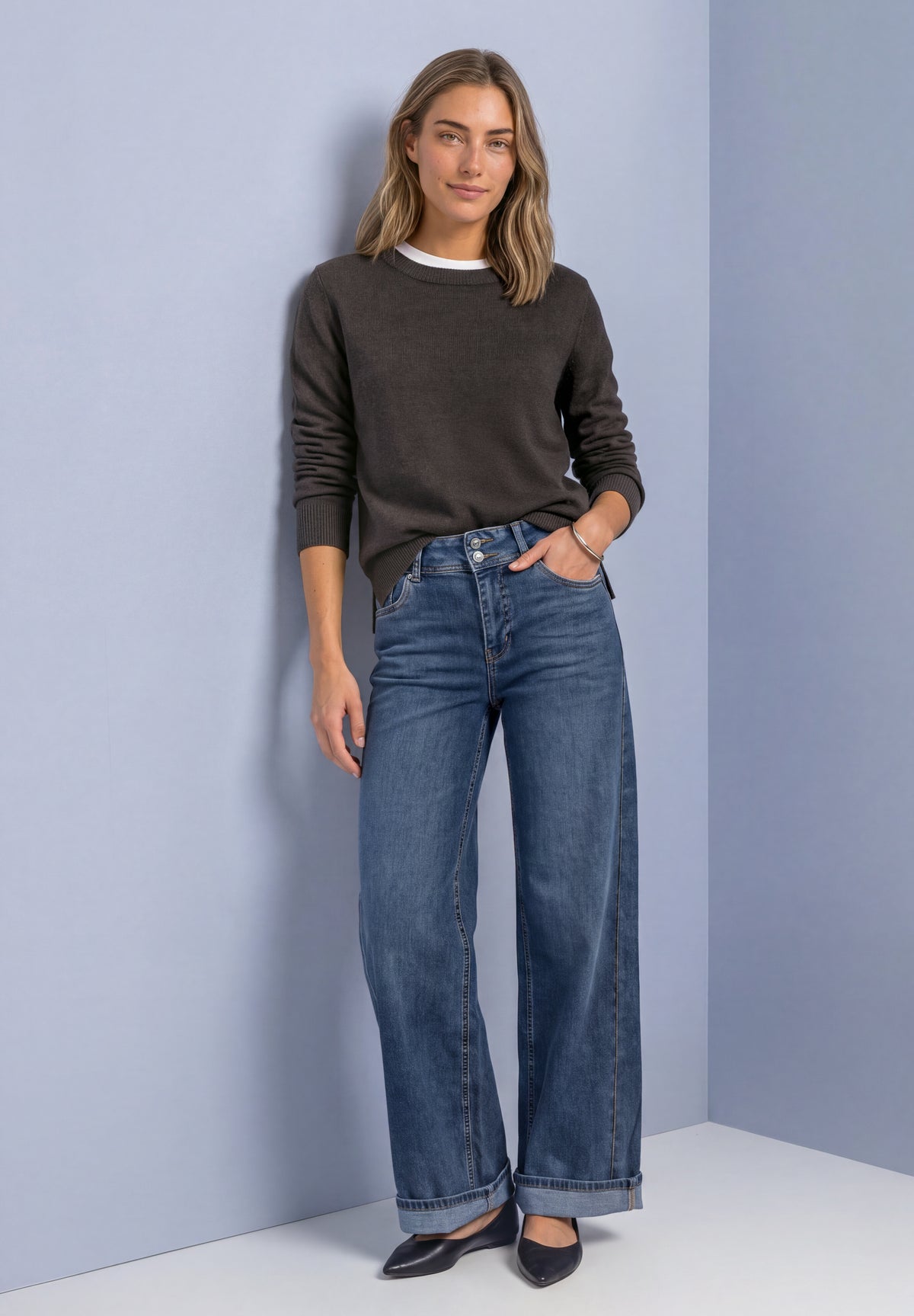 Street One - Langarm Pullover mit Boat Neck - Farbe: black coffee mel.