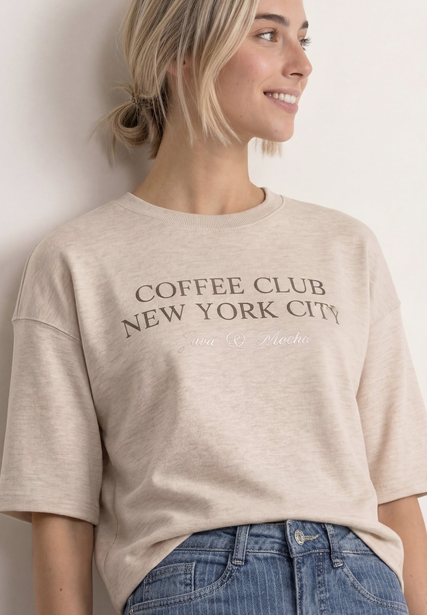 Street One - Kurzarm Sweatshirt mit Wording - Farbe: clay sand mel.