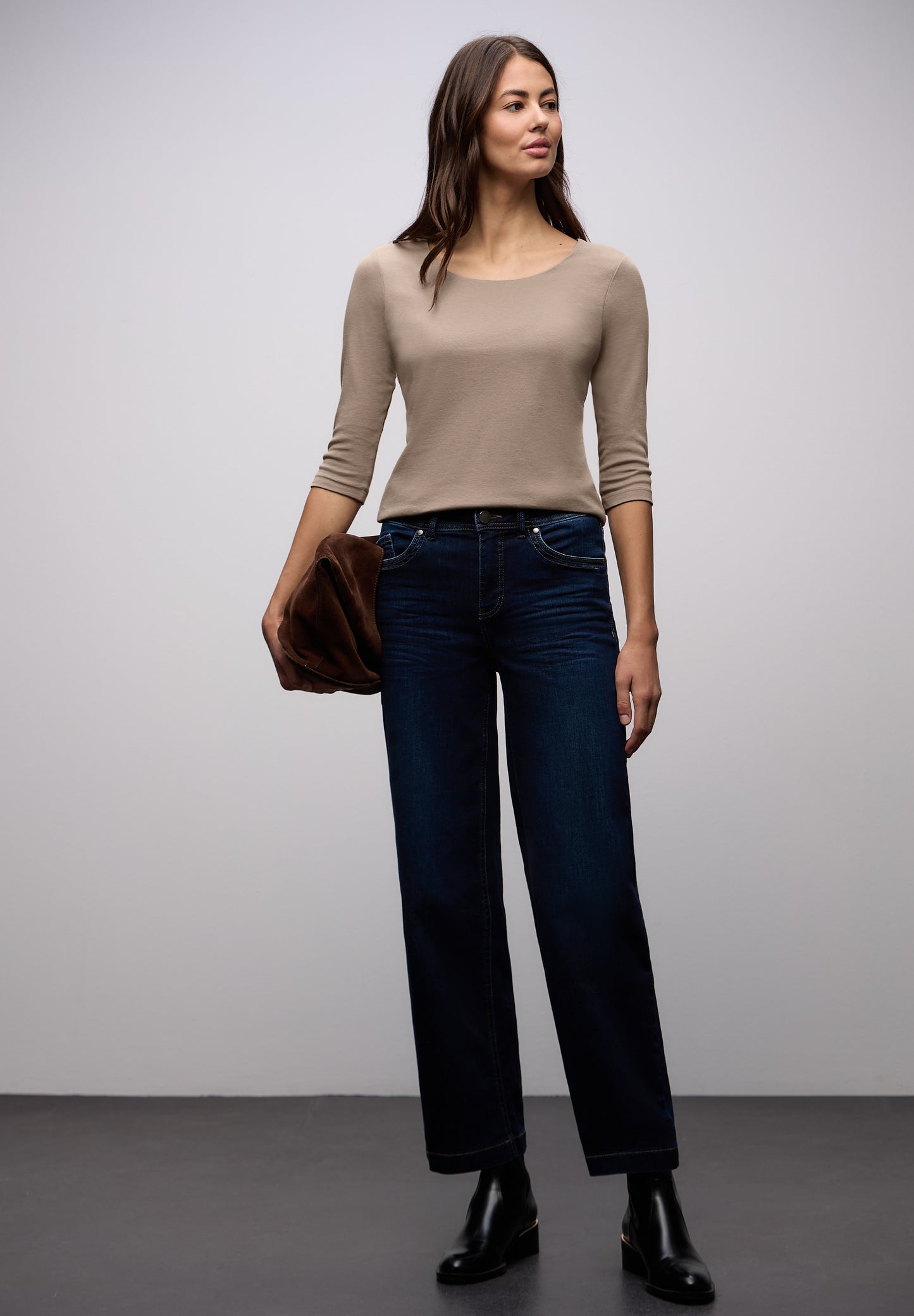 Street One - Basic T-Shirt mit 3/4 Arm - Farbe: light terra mocha