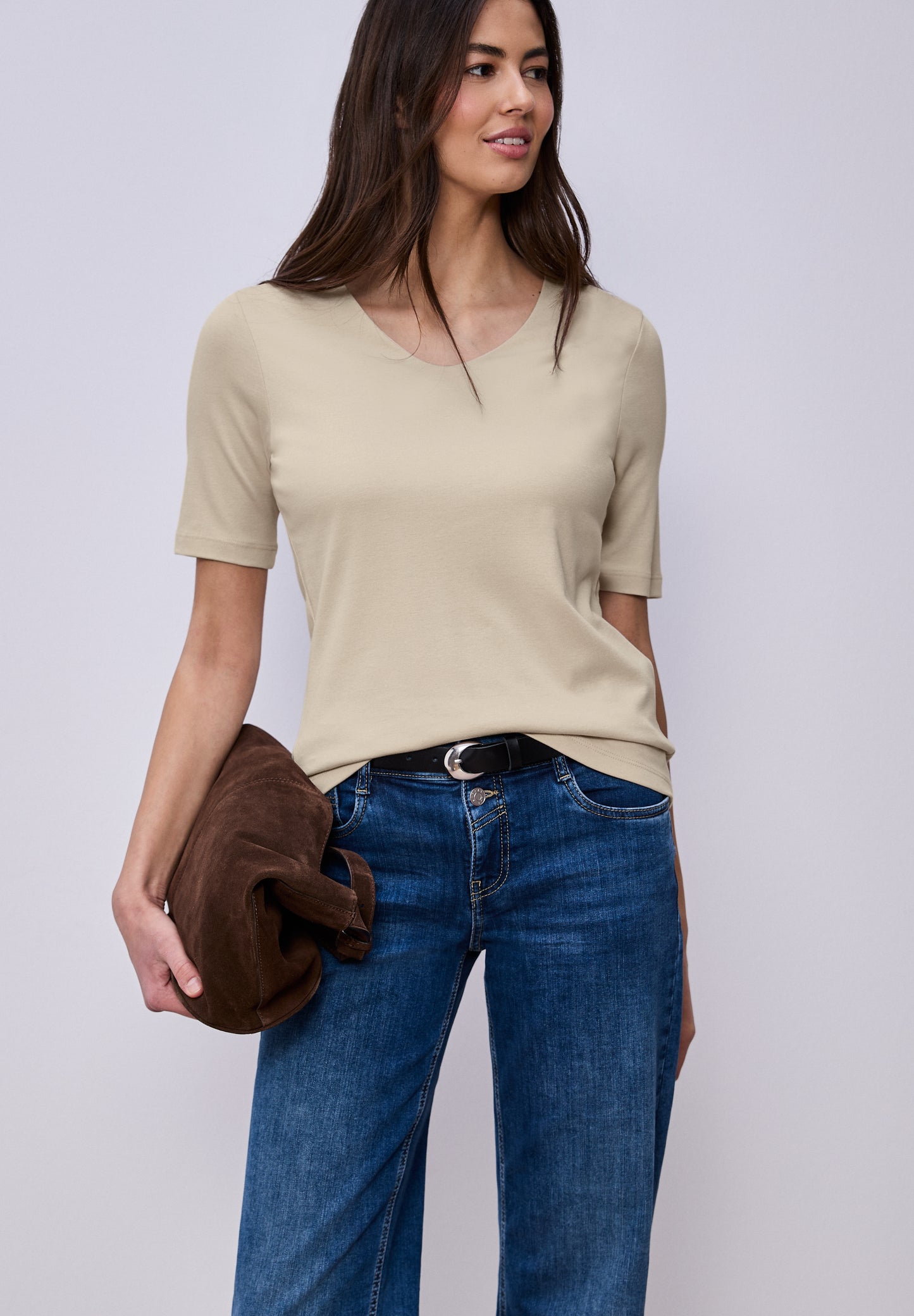 Street One - Basic T-Shirt mit blickdichter Front - Farbe: cotton beige