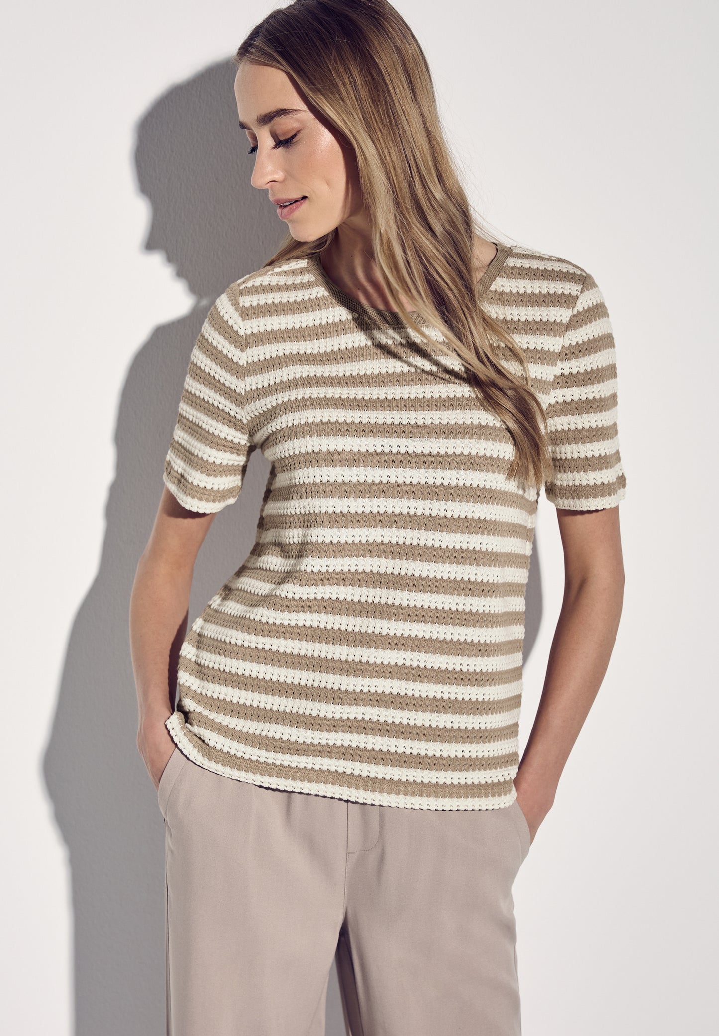 Street One Strick-Look Streifenshirt - Farbe: safari beige