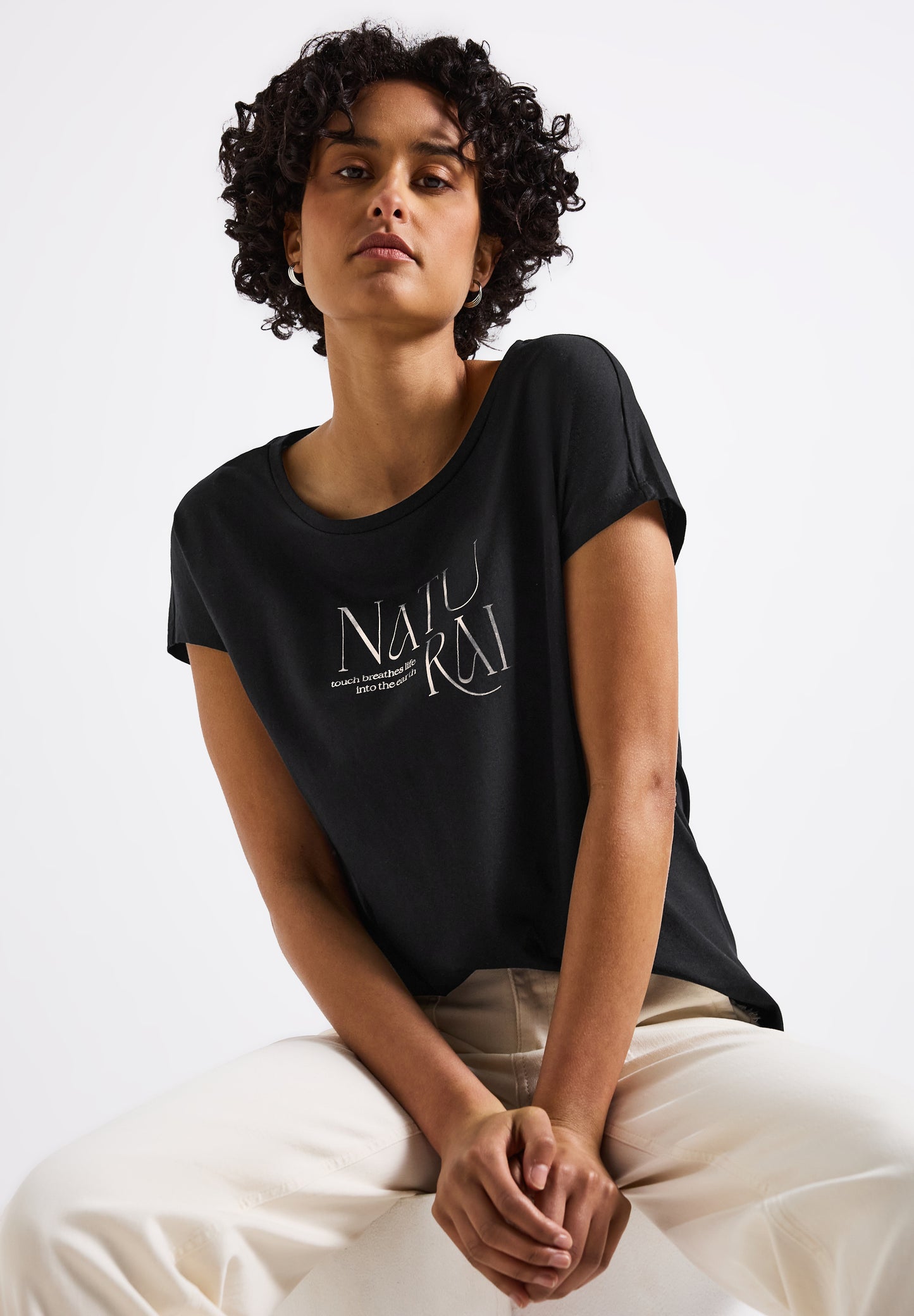 Street One Shirt mit Glitzer-Wording - Farbe: Black