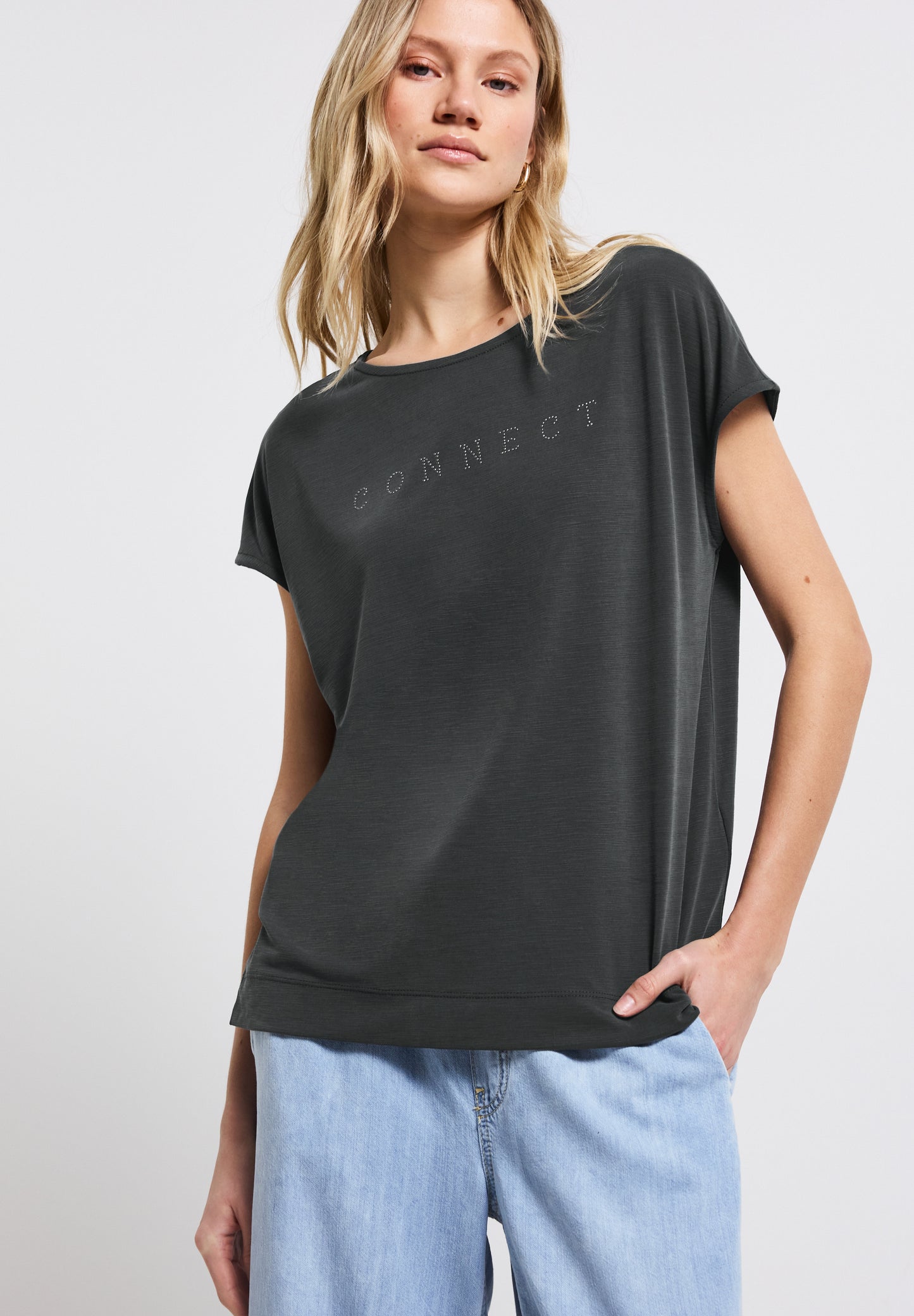 Street One Silk-Look Shirt mit Wording - Farbe: granite grey