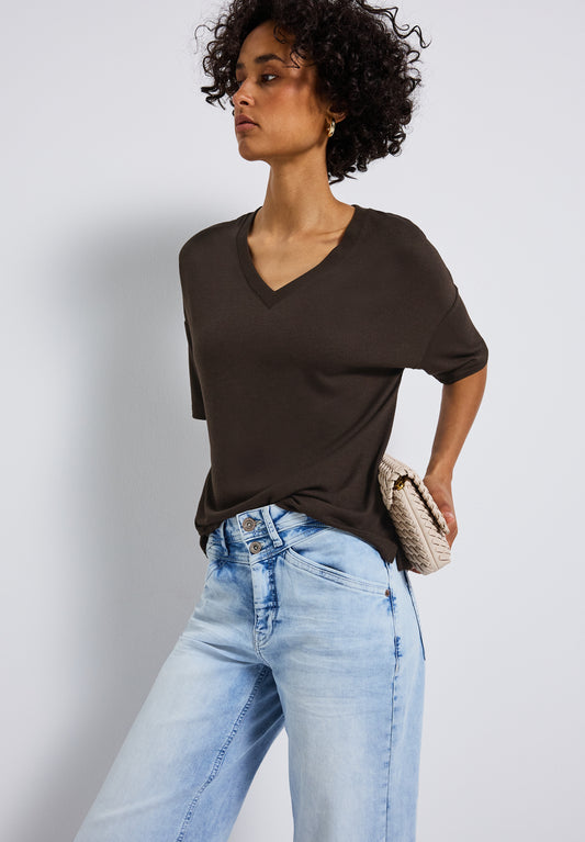 Street One Strick-Look V-Neck T-Shirt - Farbe: deep roast brown