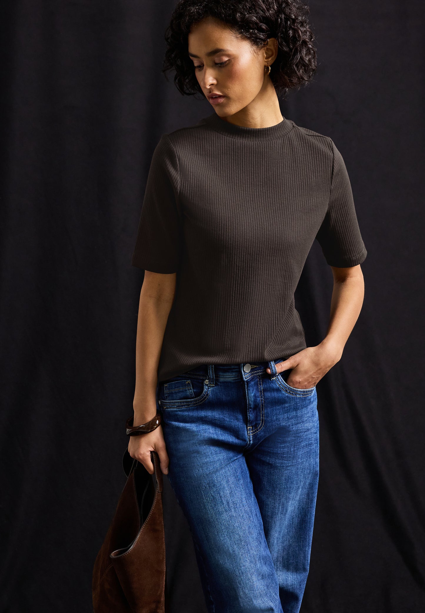 Street One T-Shirt mit Rippstruktur - Farbe: deep roast brown