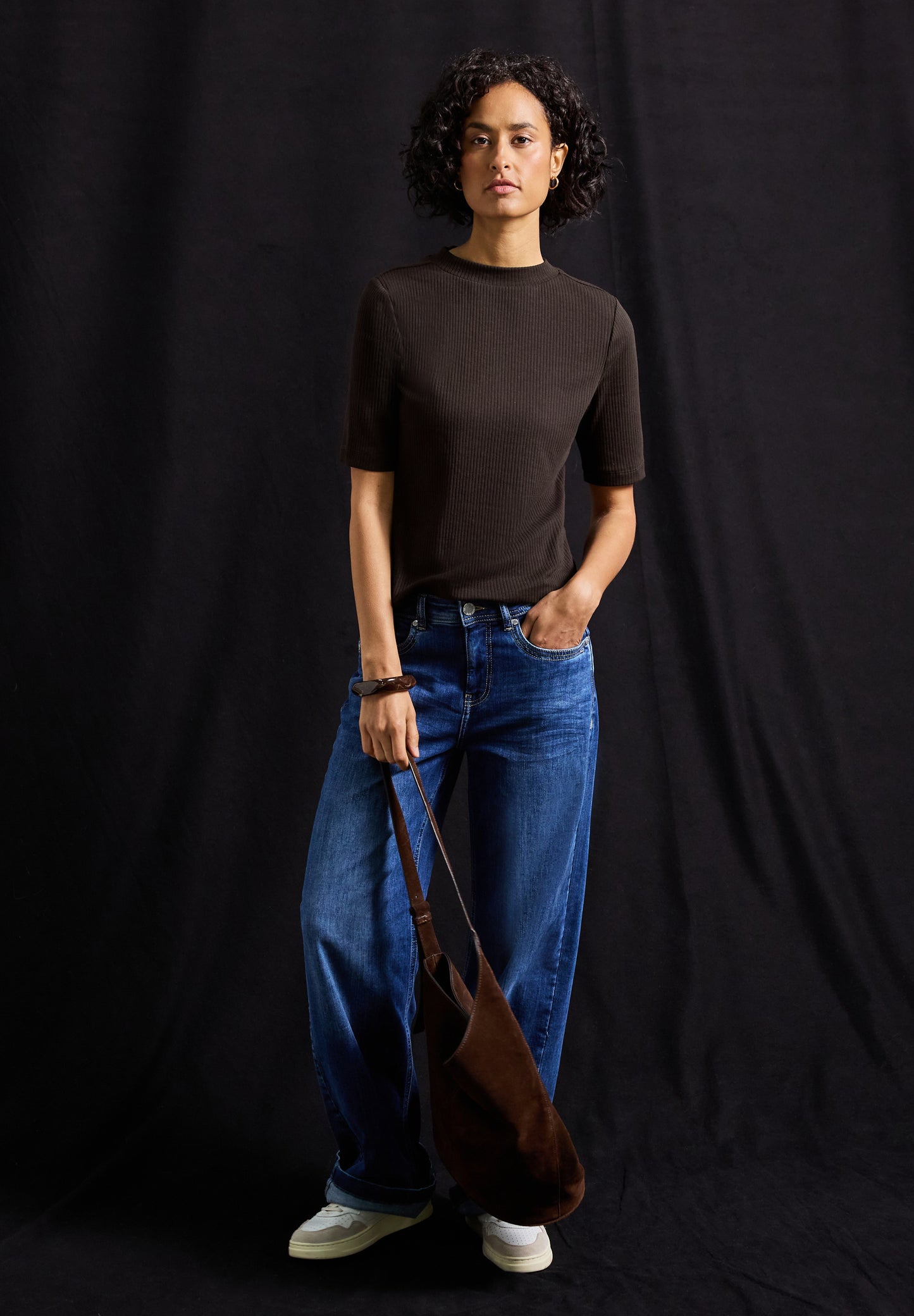 Street One T-Shirt mit Rippstruktur - Farbe: deep roast brown