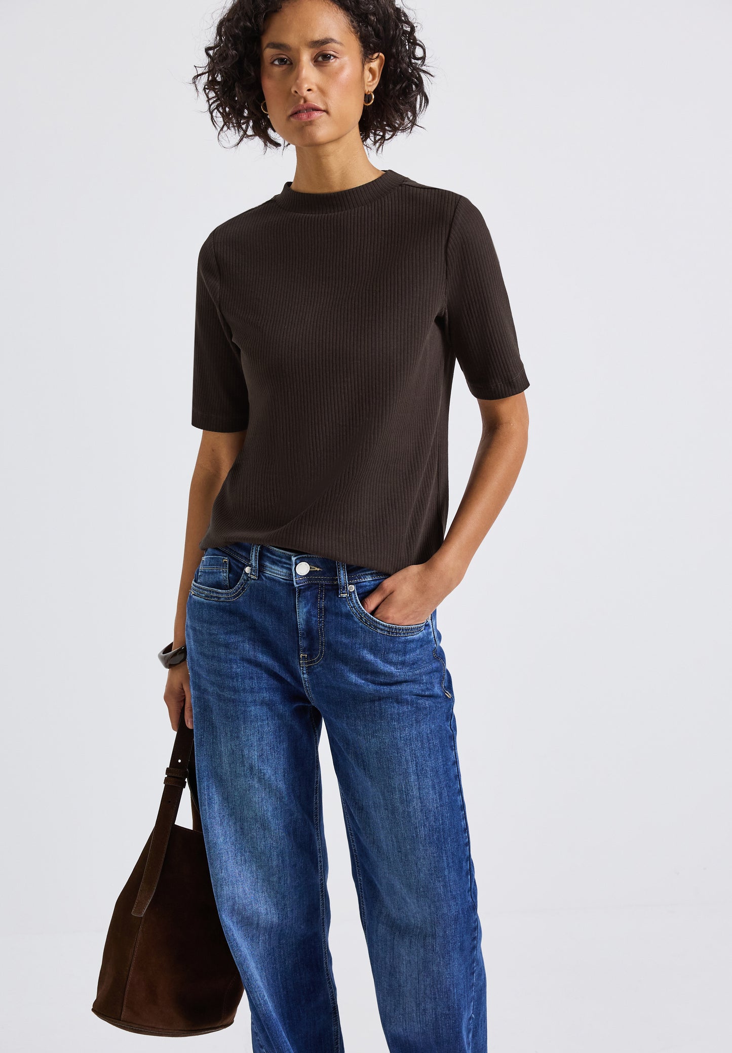 Street One T-Shirt mit Rippstruktur - Farbe: deep roast brown