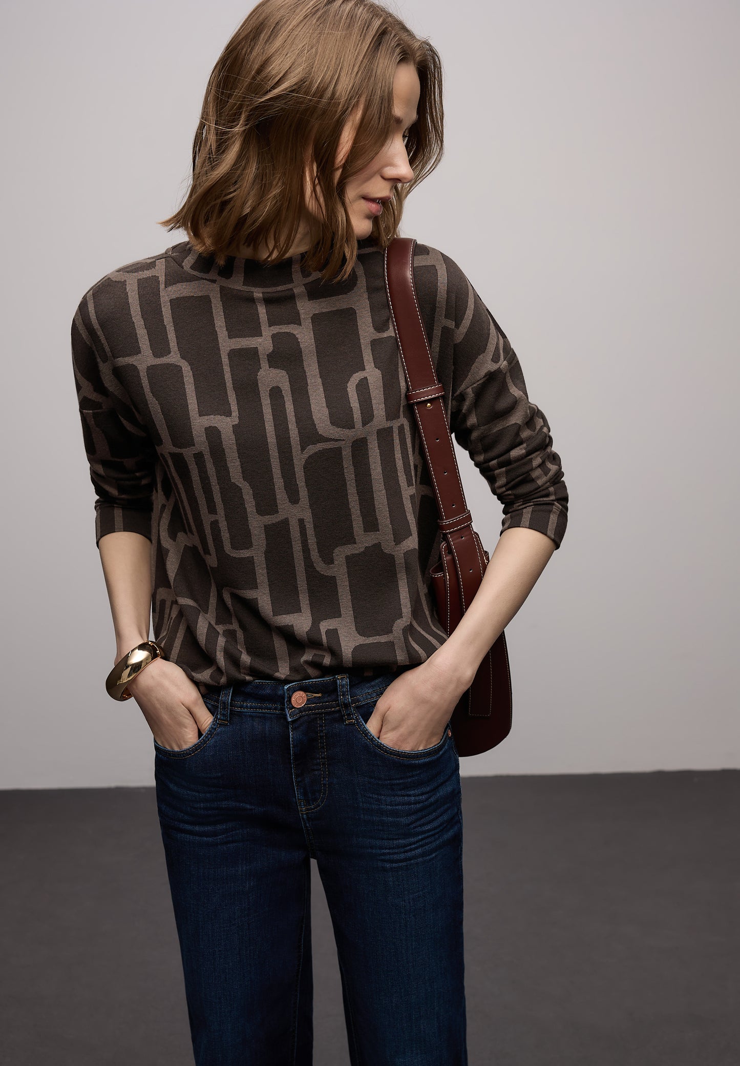 Street One - Print Shirt mit Tunnelzug - Farbe: darkest brown