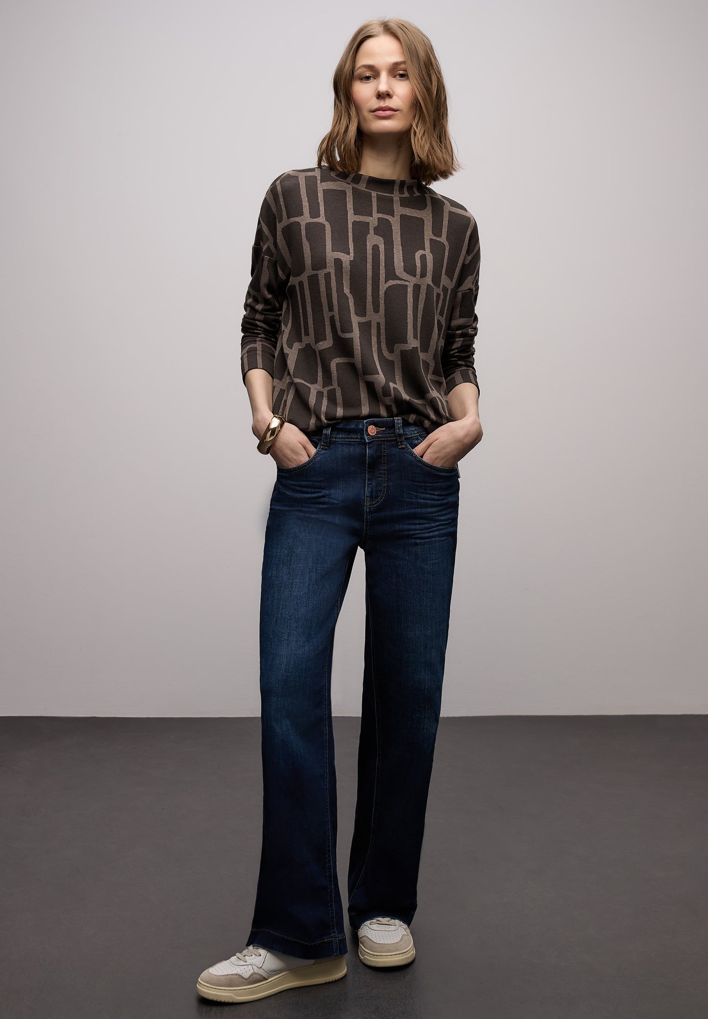 Street One - Print Shirt mit Tunnelzug - Farbe: darkest brown