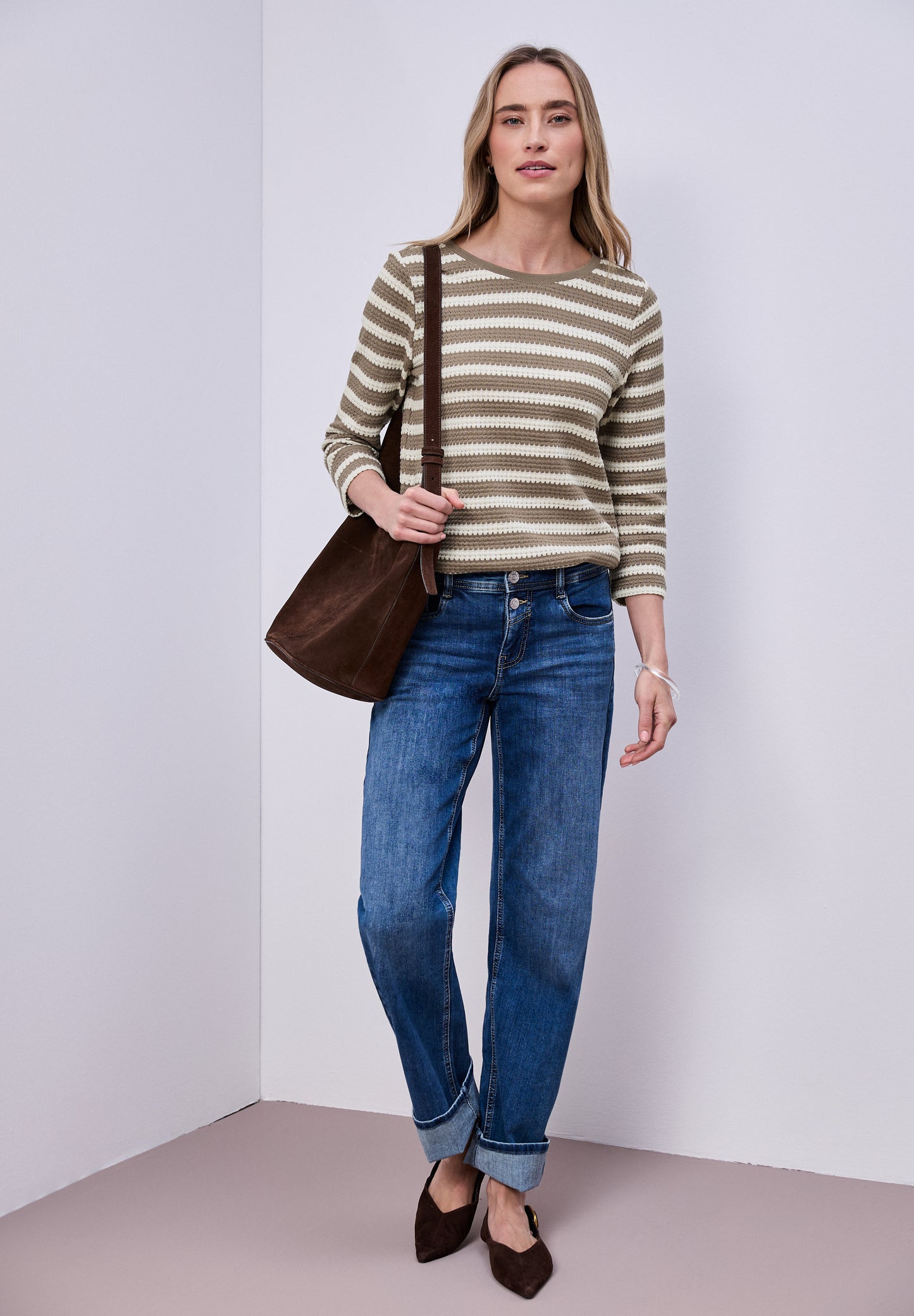Street One Damen Shirt mit Streifen - Terra-Mocca