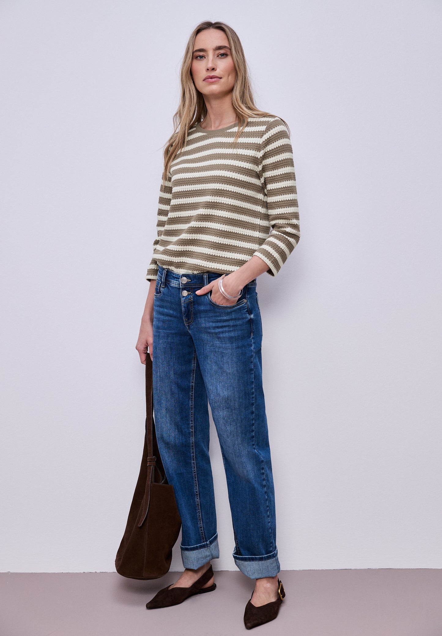 Street One Damen Shirt mit Streifen - Terra-Mocca