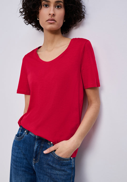 Street One - Basic T-Shirt mit gerundetem V-Neck - Farbe: salsa red