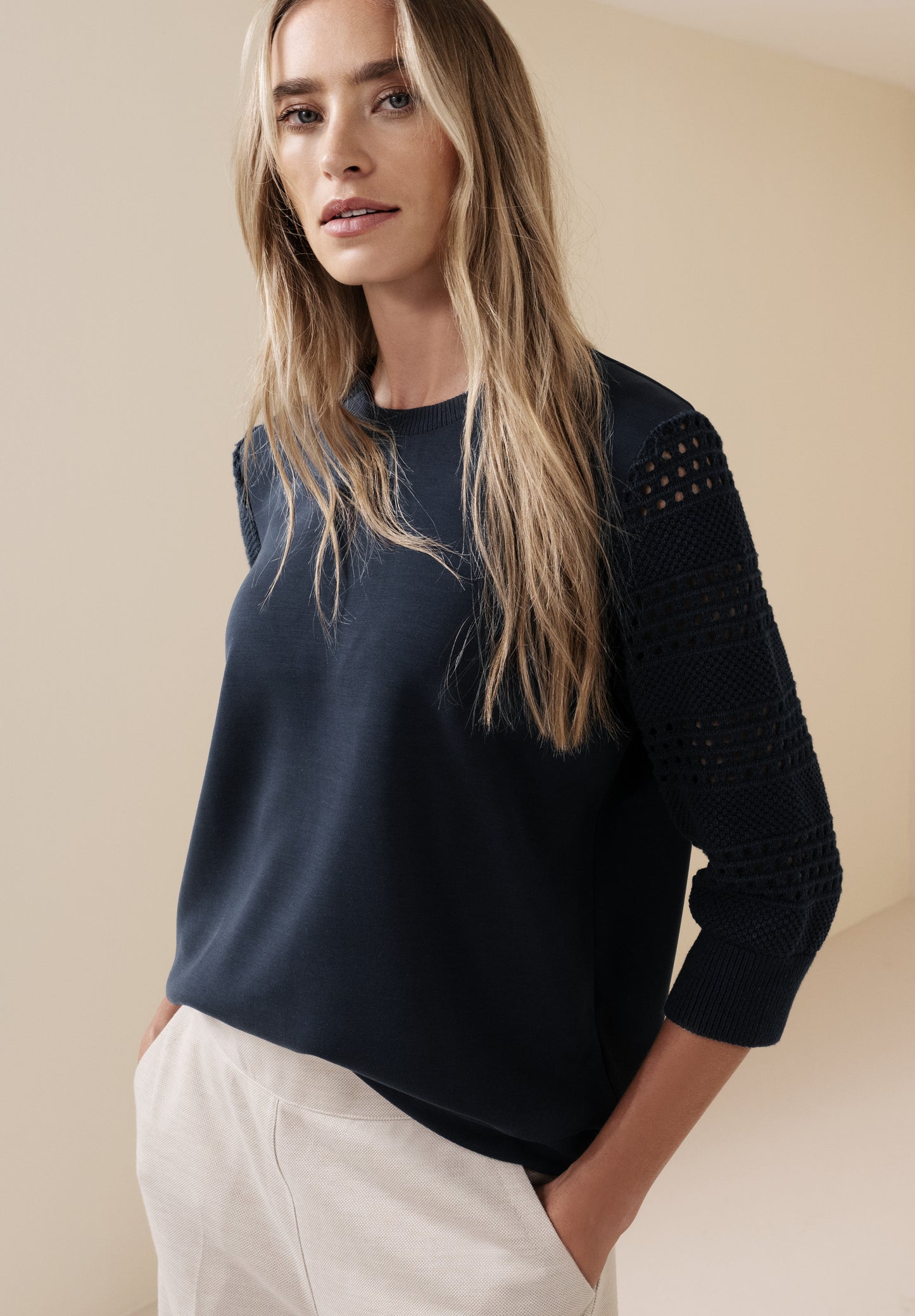 Street One - Shirt mit Lochmuster-Ãrmeln - Farbe: shadowed navy