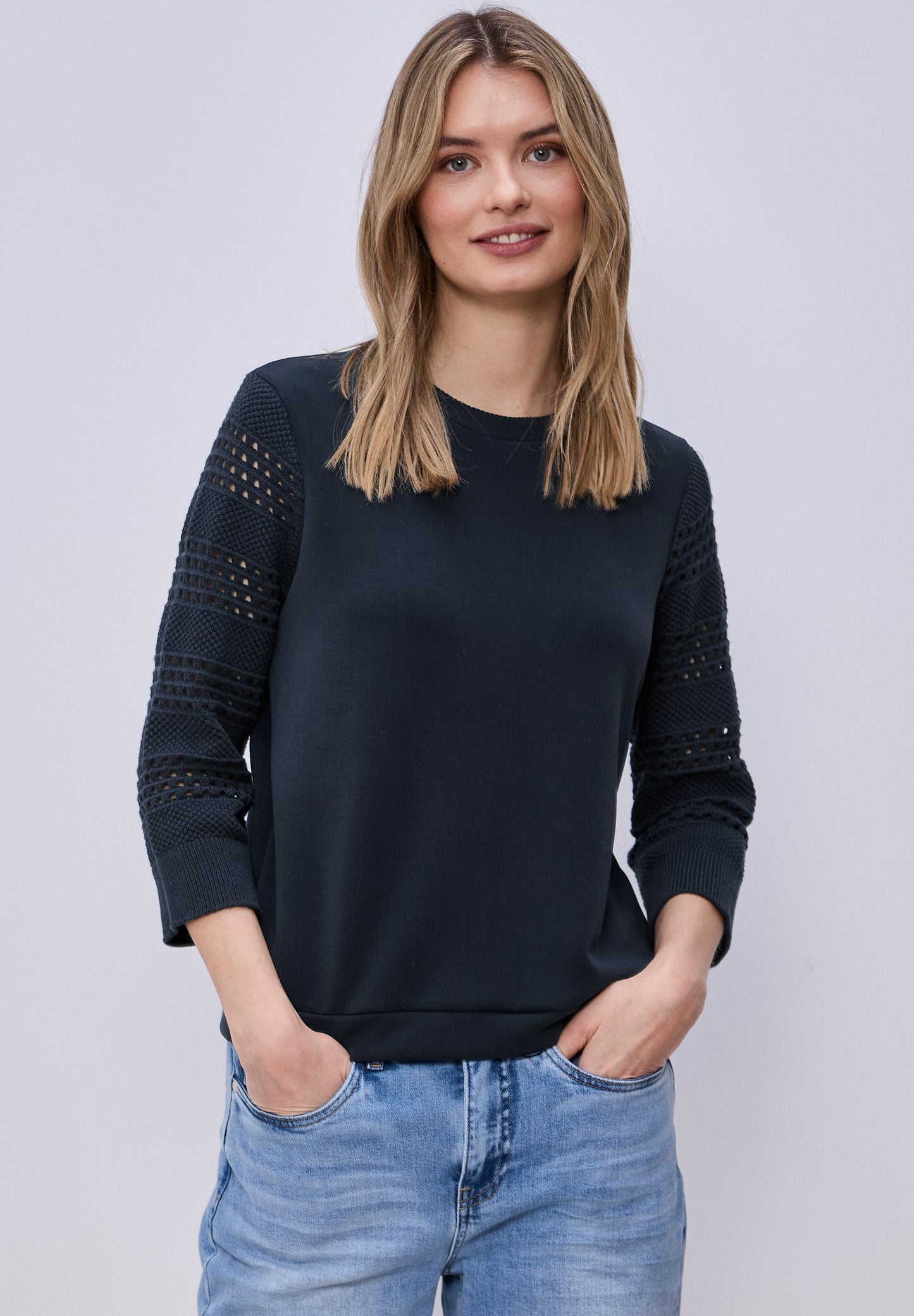 Street One - Shirt mit Lochmuster-Ãrmeln - Farbe: shadowed navy