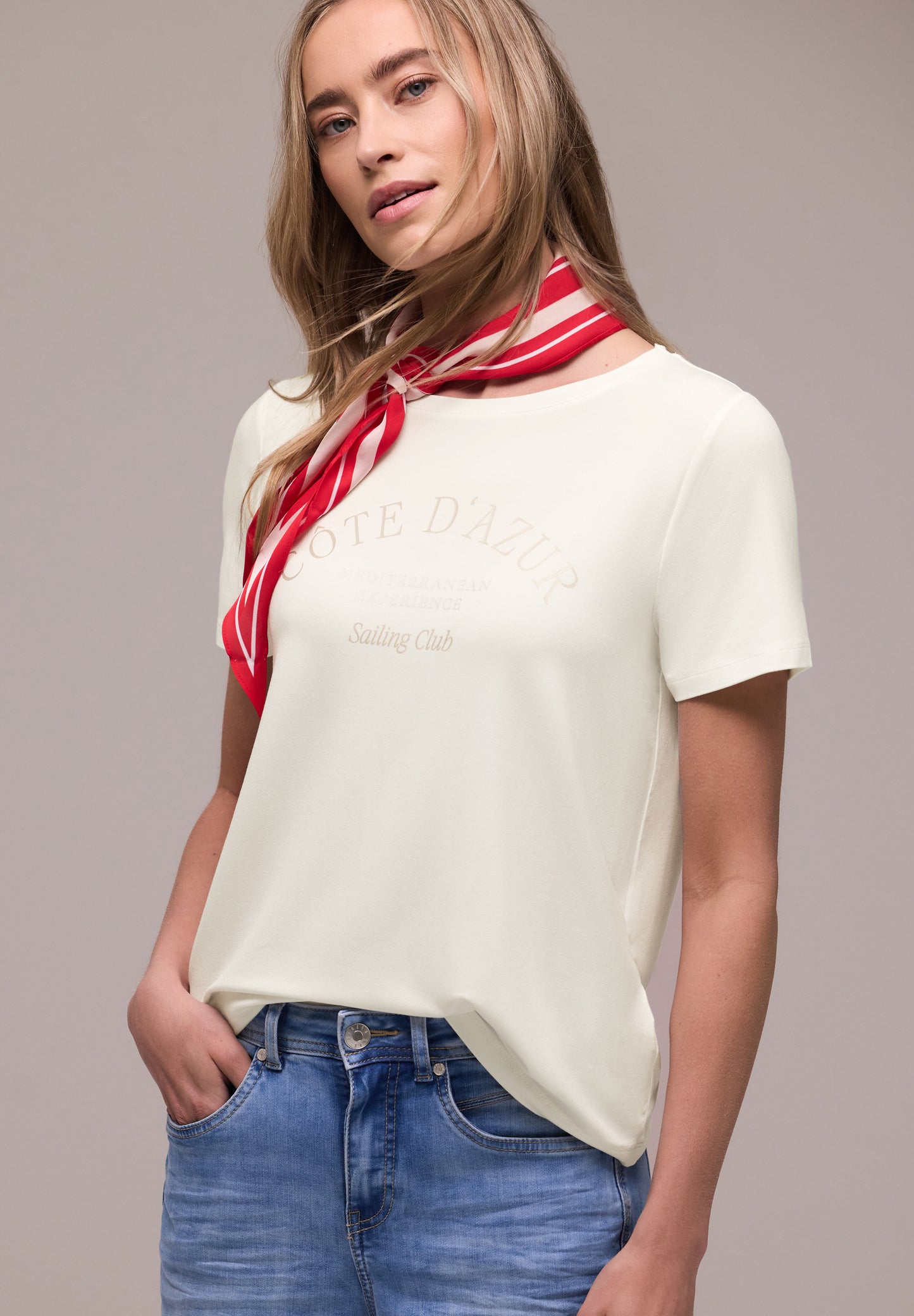 Street One - T-Shirt mit Rundhals und Wording - Farbe: off white