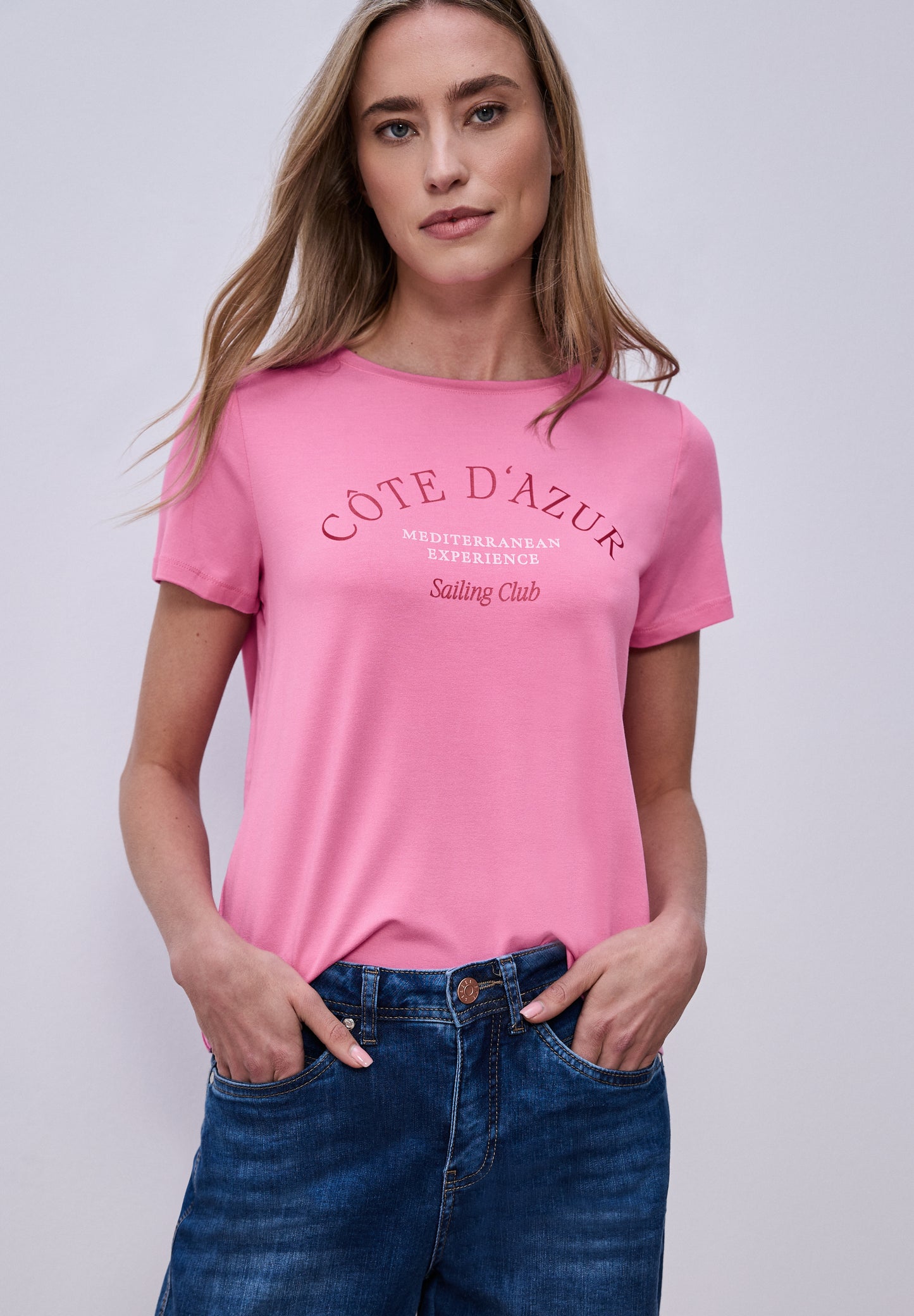 Street One - T-Shirt mit Rundhals und Wording - Farbe: ibis rose