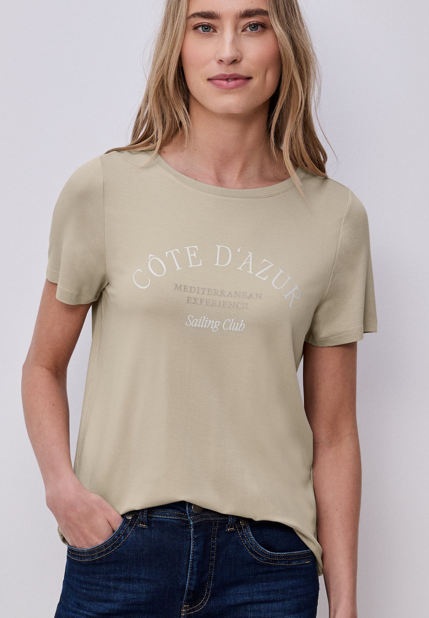Street One - T-Shirt mit Rundhals und Wording - Farbe: cobble stone