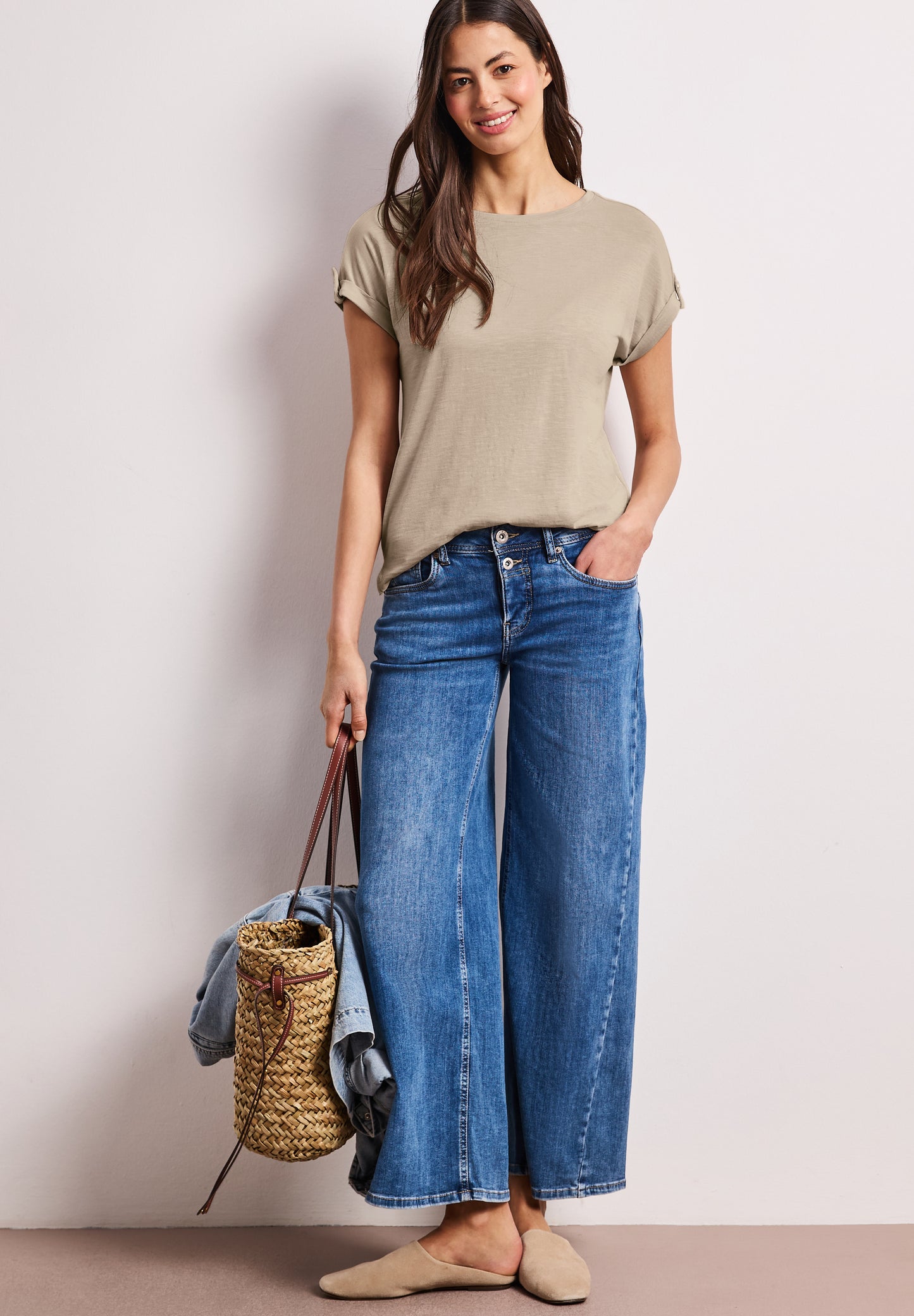 Street One - T-Shirt mit Rundhals und Knopfdetails - Farbe: cotton beige