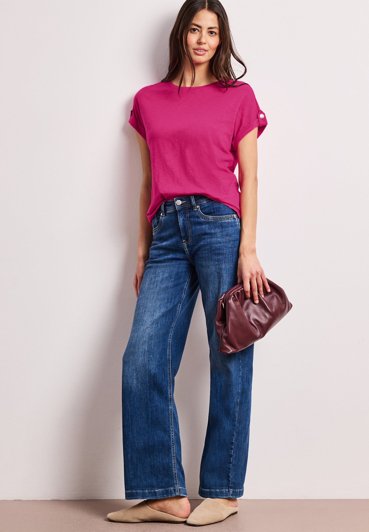 Street One - T-Shirt mit Rundhals und Knopfdetails - Farbe: magenta dream