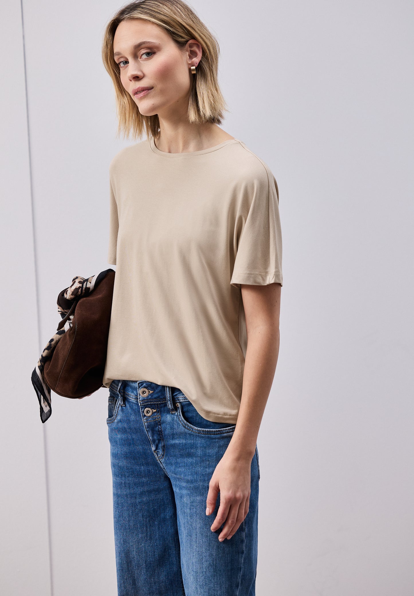 Street One - Basic T-Shirt mit Dropped Shoulders - Farbe: cotton beige