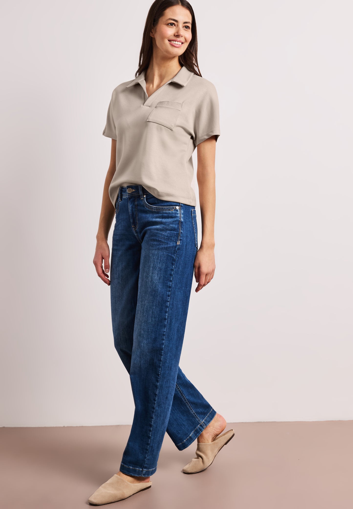 Street One - Kurzarm Poloshirt mit Glitzer - Farbe: clay sand