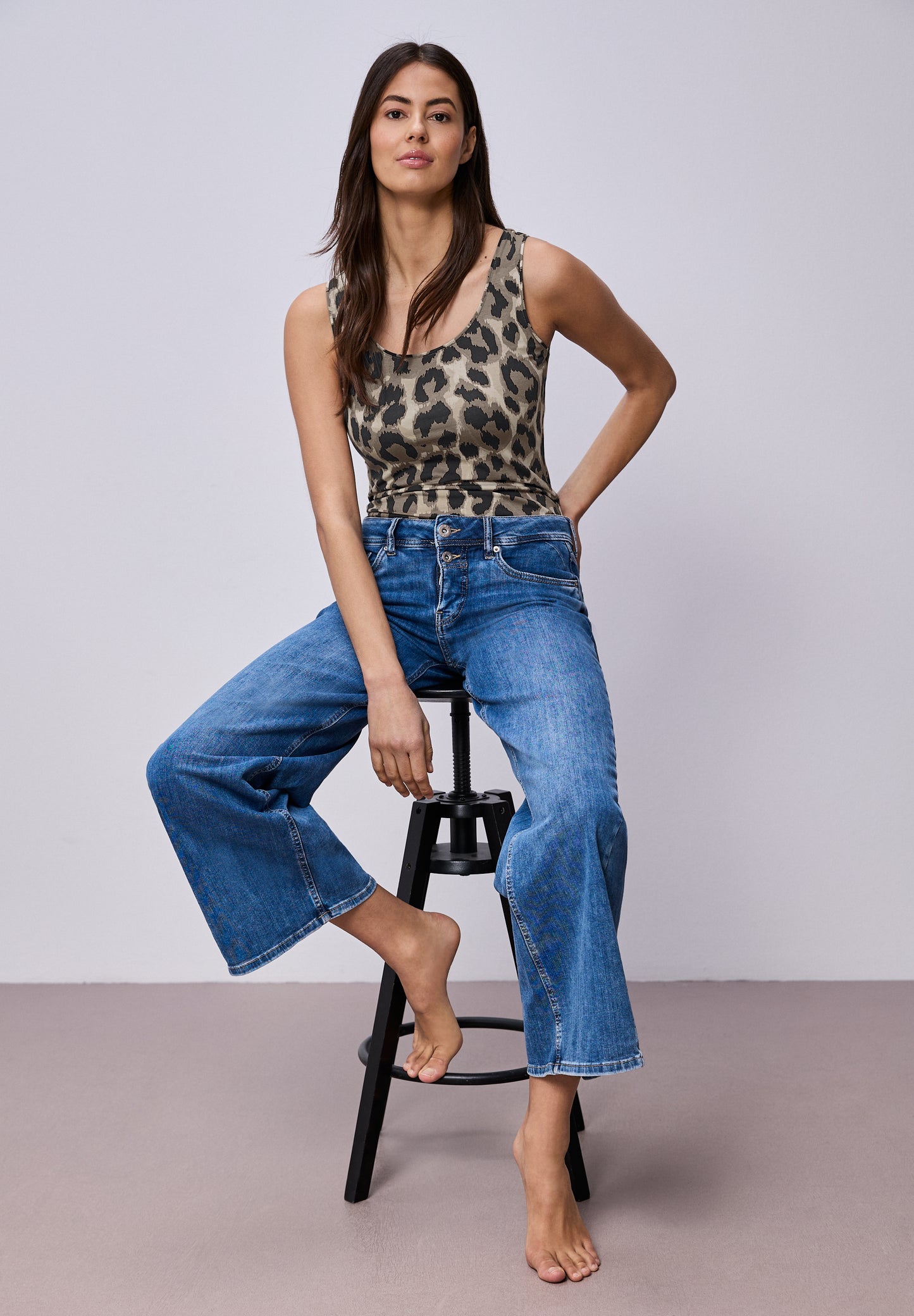 Street One - Basic Top mit Rundhals im Leo-Muster - Farbe: timeless beige