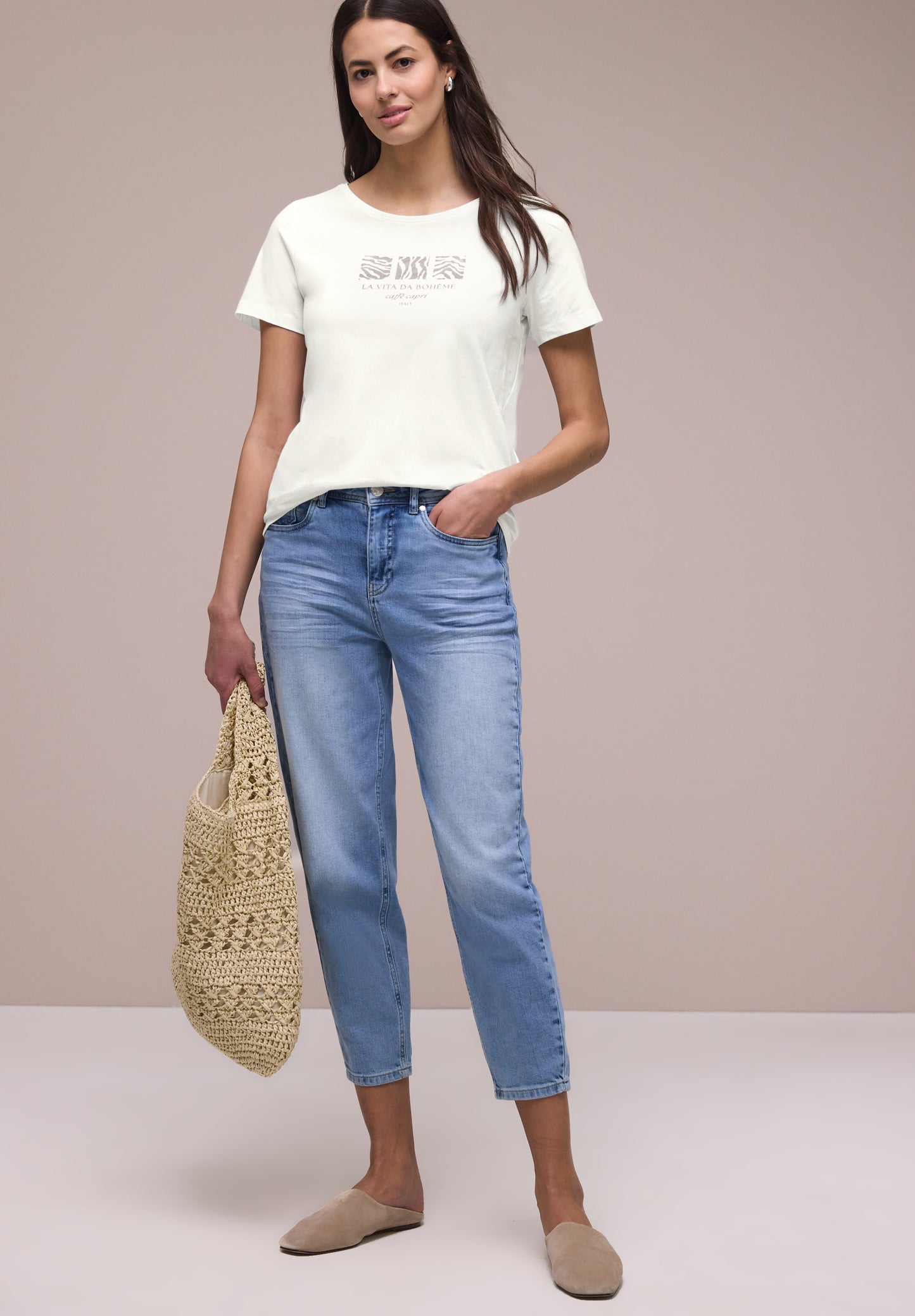 Street One - Basic T-Shirt mit Rundhals und Print - Farbe: off white