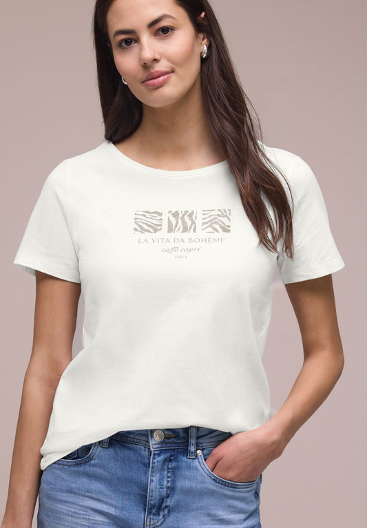Street One - Basic T-Shirt mit Rundhals und Print - Farbe: off white