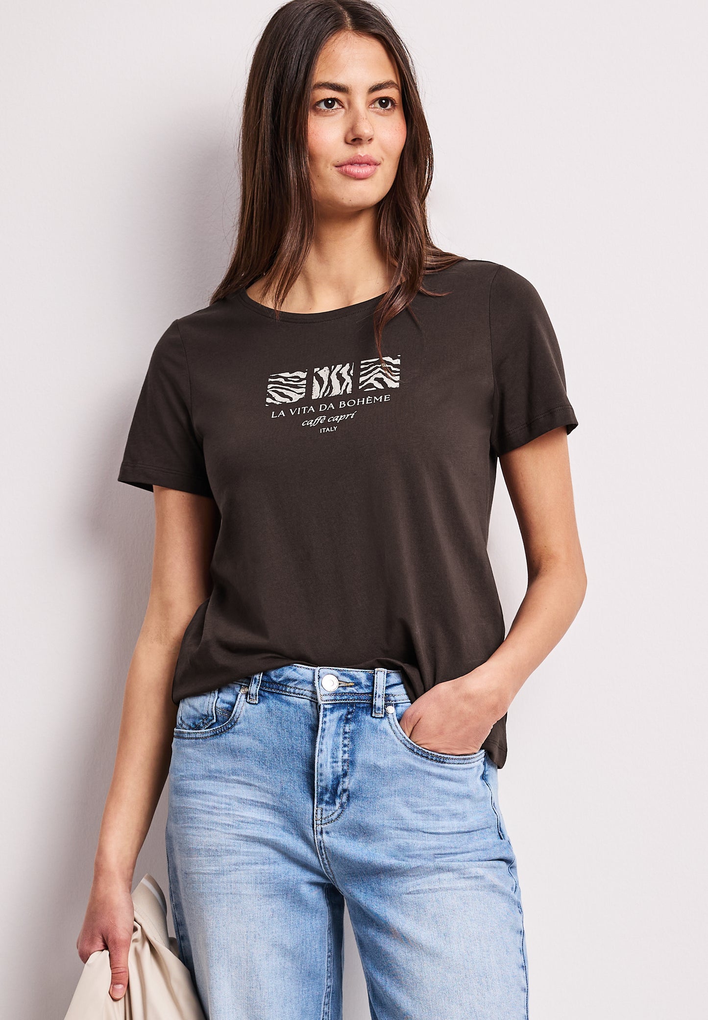 Street One - Basic T-Shirt mit Rundhals und Print - Farbe: espresso brown