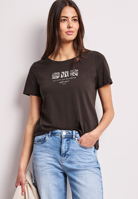 Street One - Basic T-Shirt mit Rundhals und Print - Farbe: espresso brown