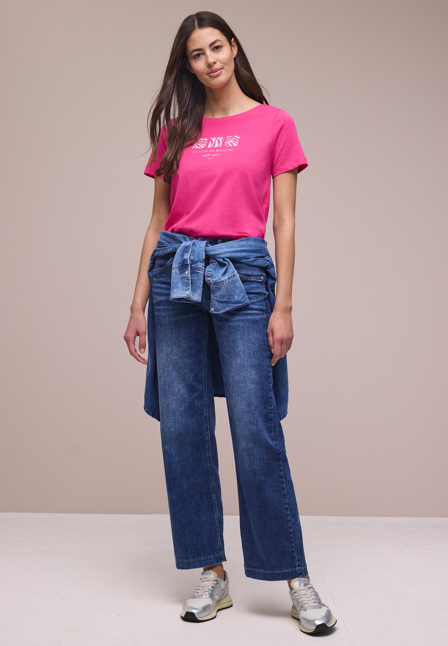 Street One - Basic T-Shirt mit Rundhals und Print - Farbe: magenta dream
