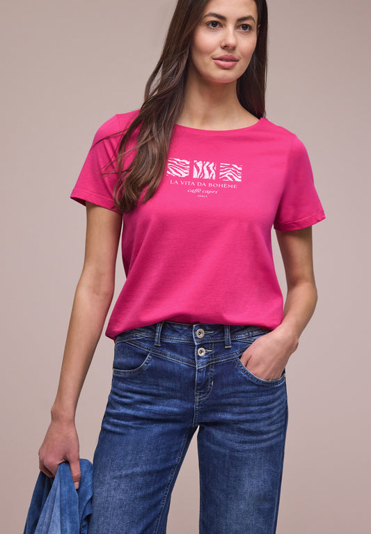 Street One - Basic T-Shirt mit Rundhals und Print - Farbe: magenta dream