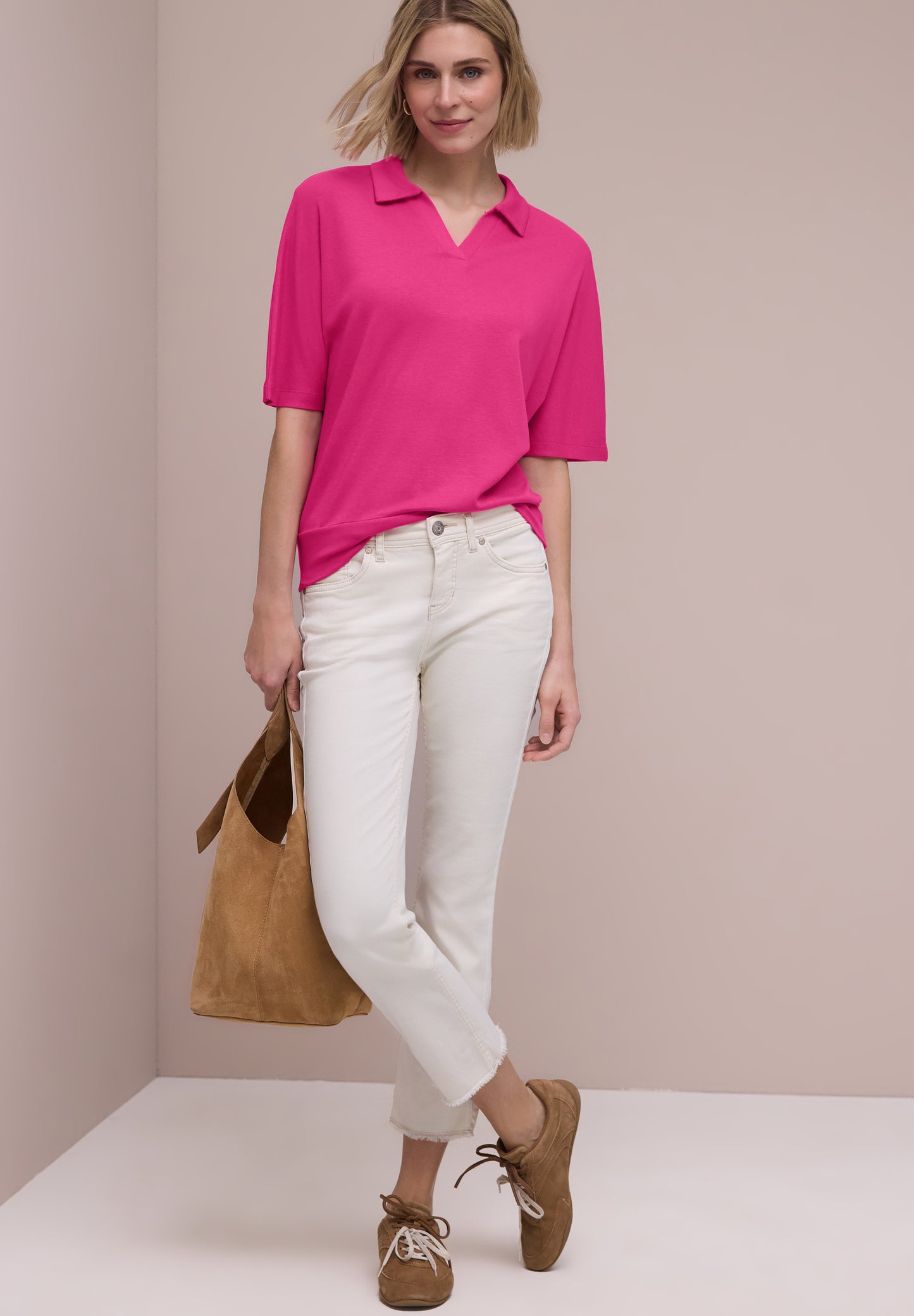 Street One - Dropped Shoulder Poloshirt mit Elastikbund - Farbe: magenta dream