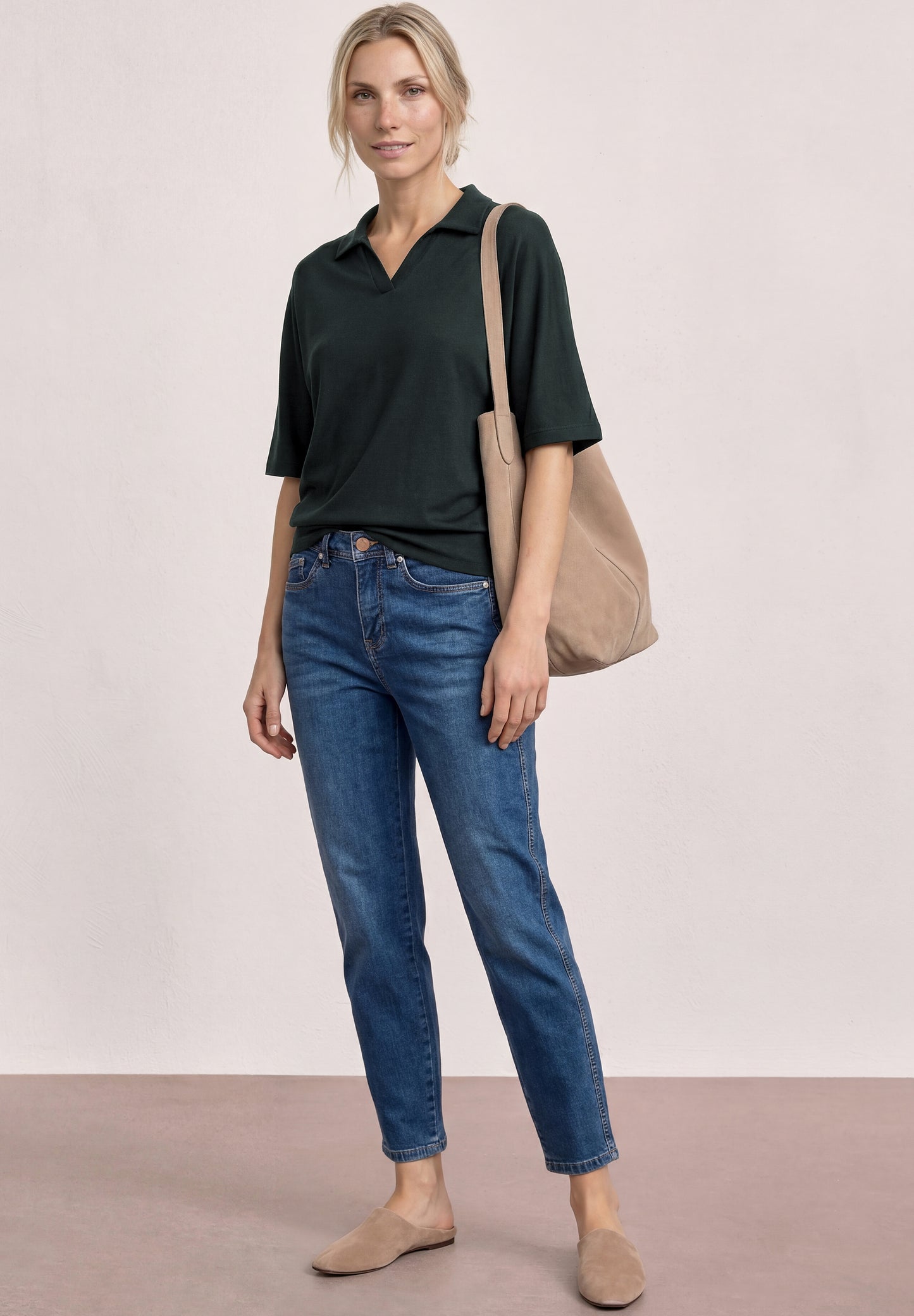 Street One - Dropped Shoulder Poloshirt mit Elastikbund - Farbe: deep bound green
