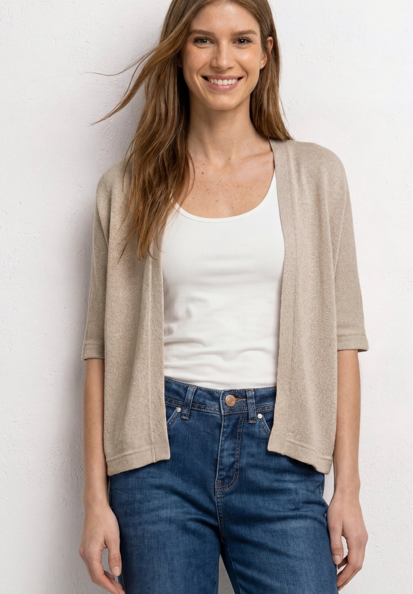 Street One - Kurzarm Jacke im Strick-Look mit Glitzer - Farbe: clay sand