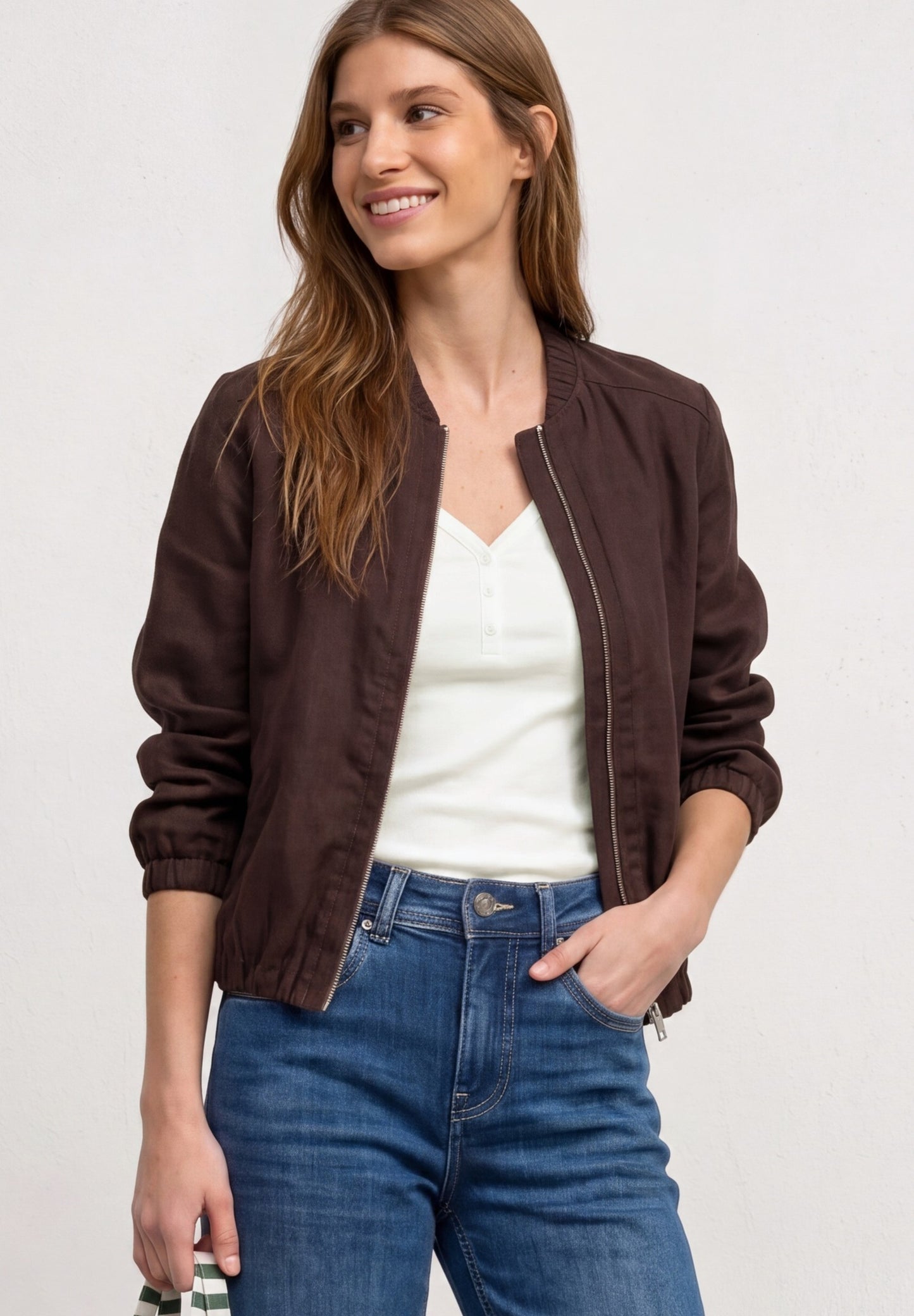 Street One - Top in Rippstruktur mit V-Neck - Farbe: off white