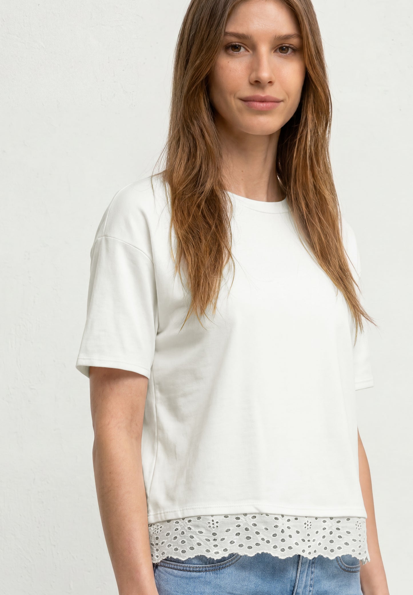 Street One - T-Shirt mit Rundhals und Spitze - Farbe: off white