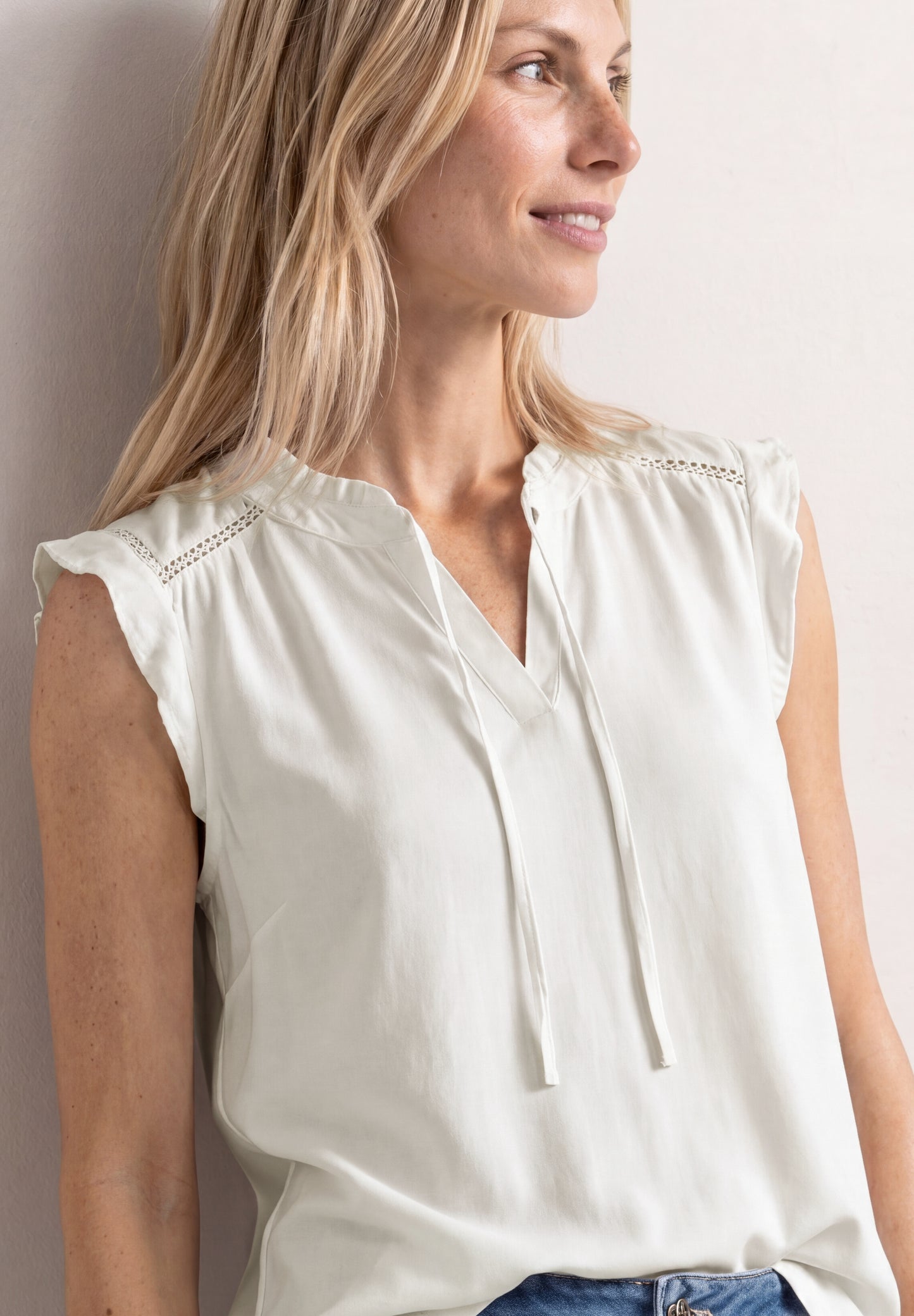 Street One - Top mit Strukturmix und Crochet-Details - Farbe: off white