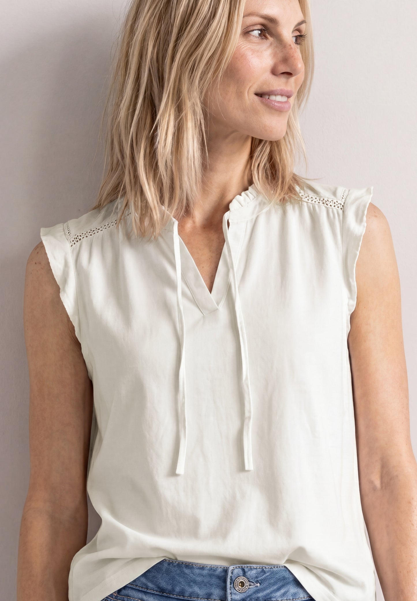 Street One - Top mit Strukturmix und Crochet-Details - Farbe: off white