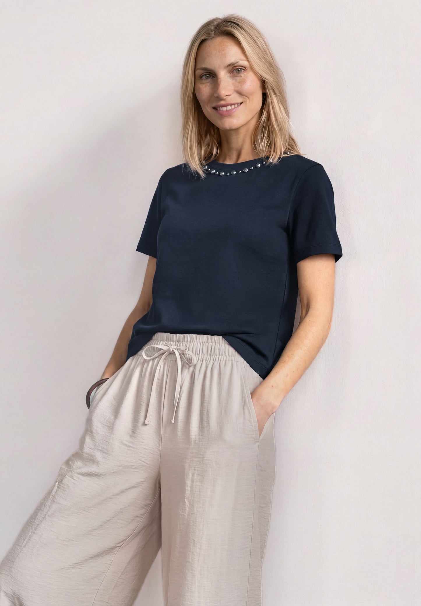 Street One - Damen T-Shirt mit Rundhals und dekorativen Details - Farbe: darkest blue