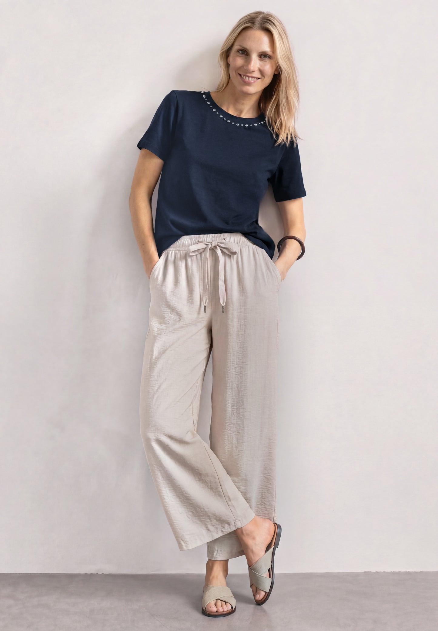 Street One - Damen T-Shirt mit Rundhals und dekorativen Details - Farbe: darkest blue