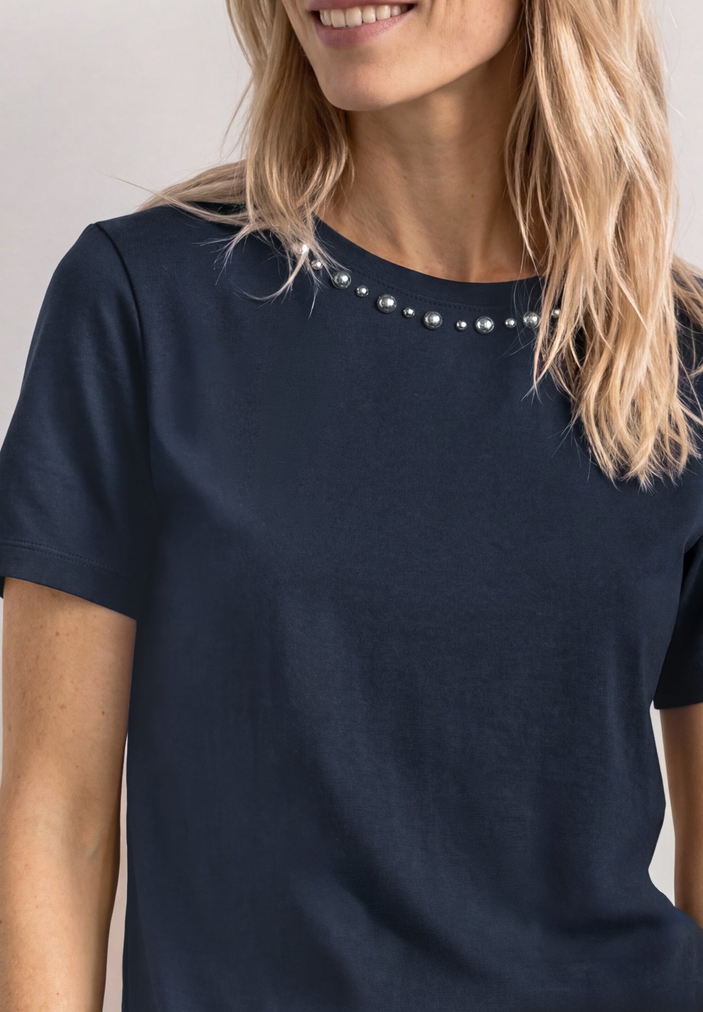 Street One - Damen T-Shirt mit Rundhals und dekorativen Details - Farbe: darkest blue