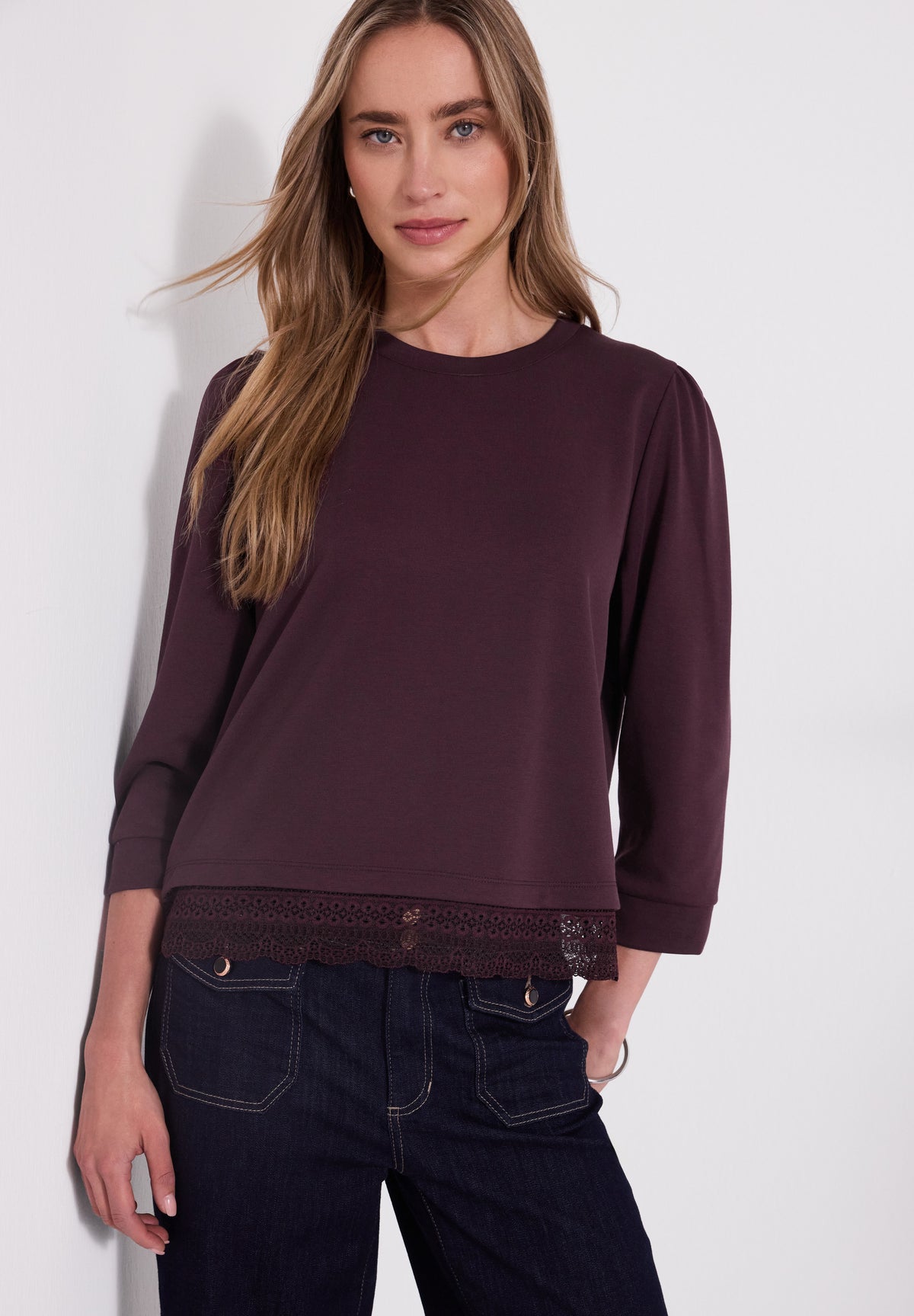 Street One - 3/4-Arm Shirt mit Spitzenkante am Saum - Farbe: rustic rouge