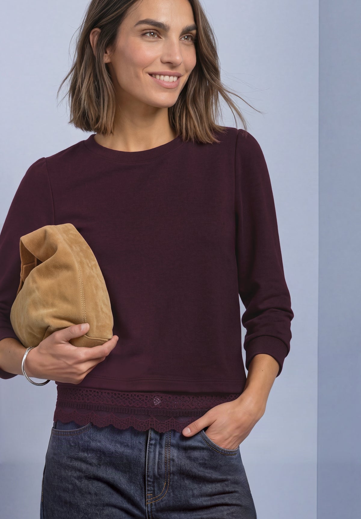 Street One - 3/4-Arm Shirt mit Spitzenkante am Saum - Farbe: rustic rouge