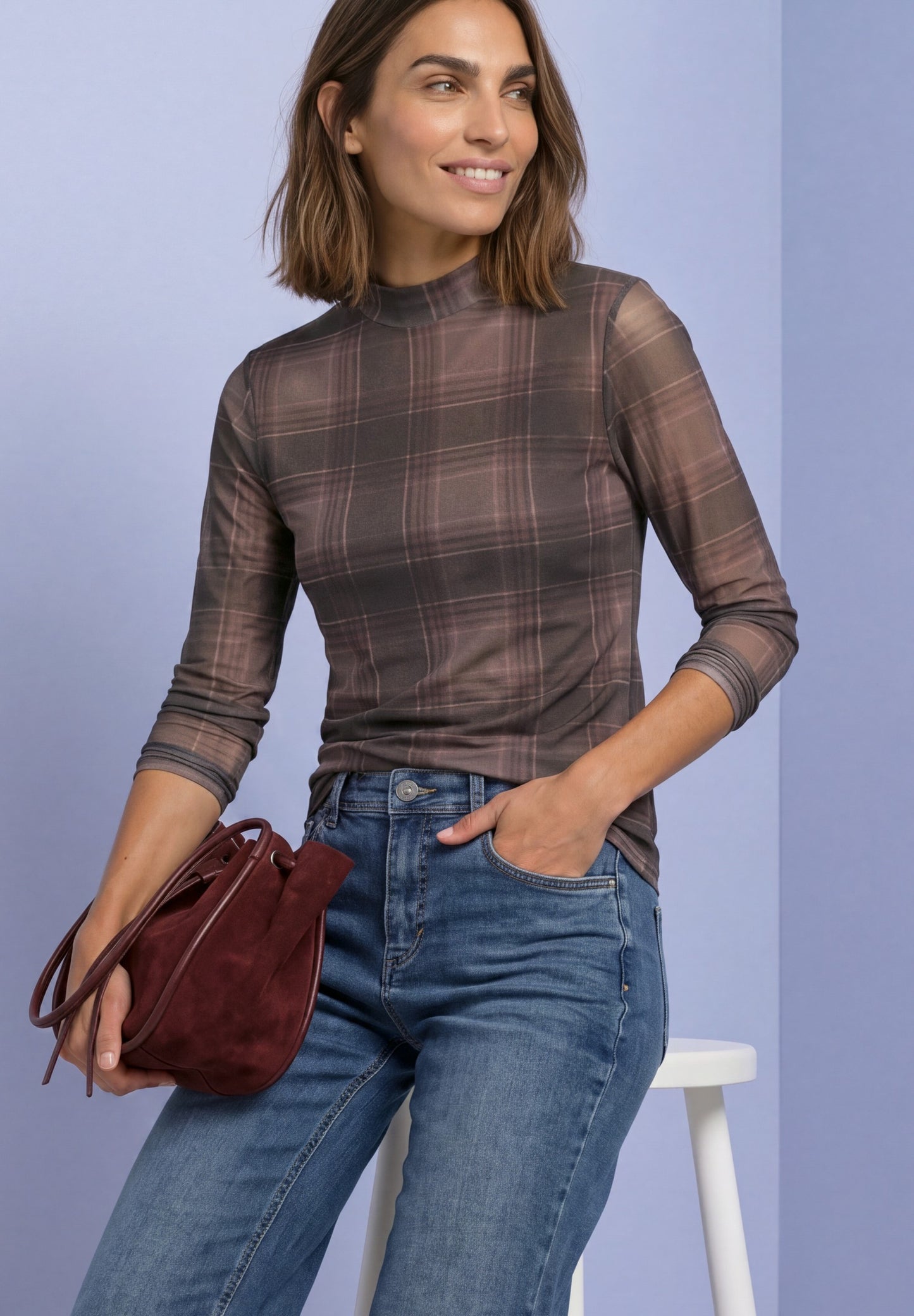 Street One - Langarm Mesh-Shirt mit Rundhals und Print - Farbe: sanded amber