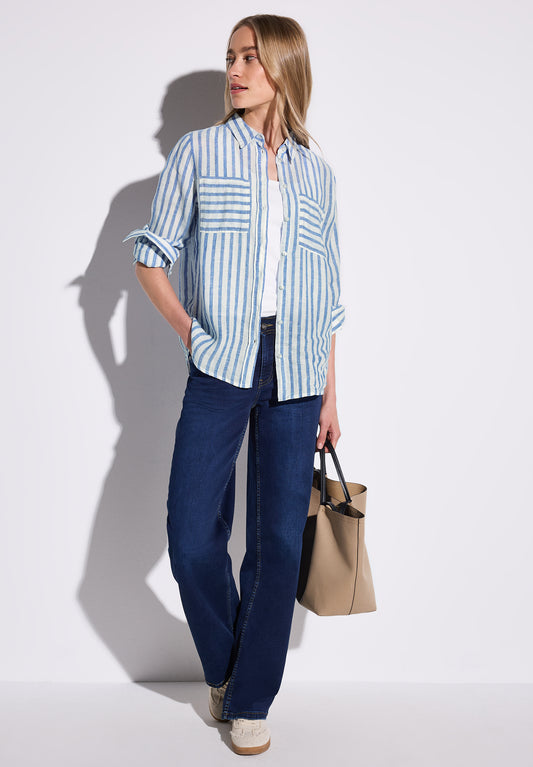 Street One Gestreifte Leinenhemdbluse - Farbe: serenity blue