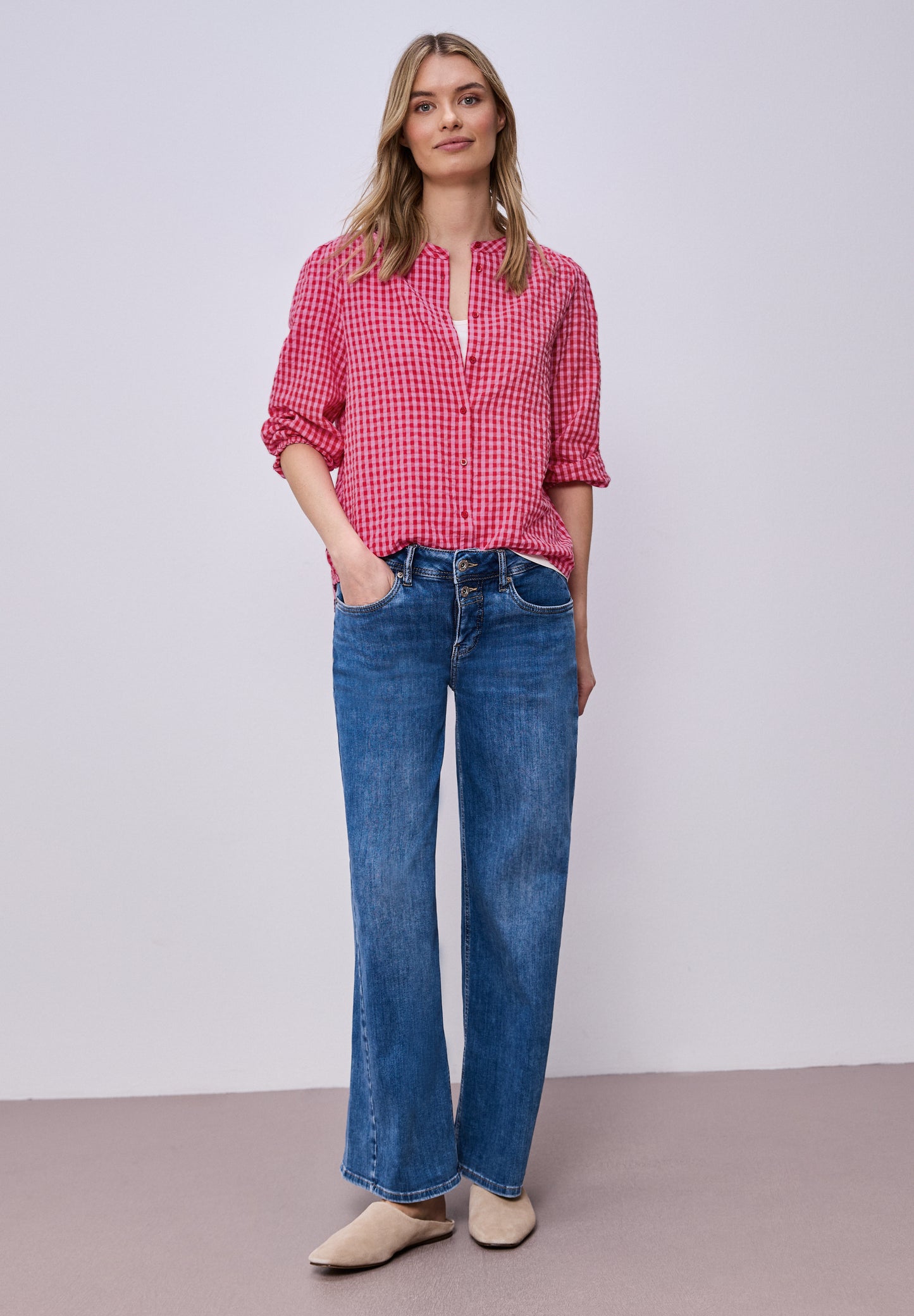 Street One - Bluse mit Rundhals und Karomuster - Farbe: salsa red