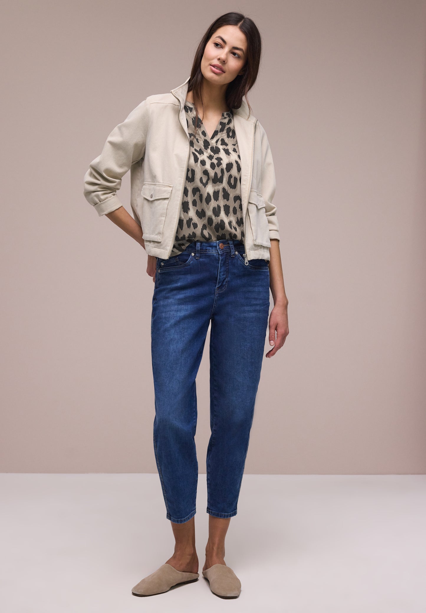 Street One - Bluse mit Split Neck und Animal Print - Farbe: timeless beige
